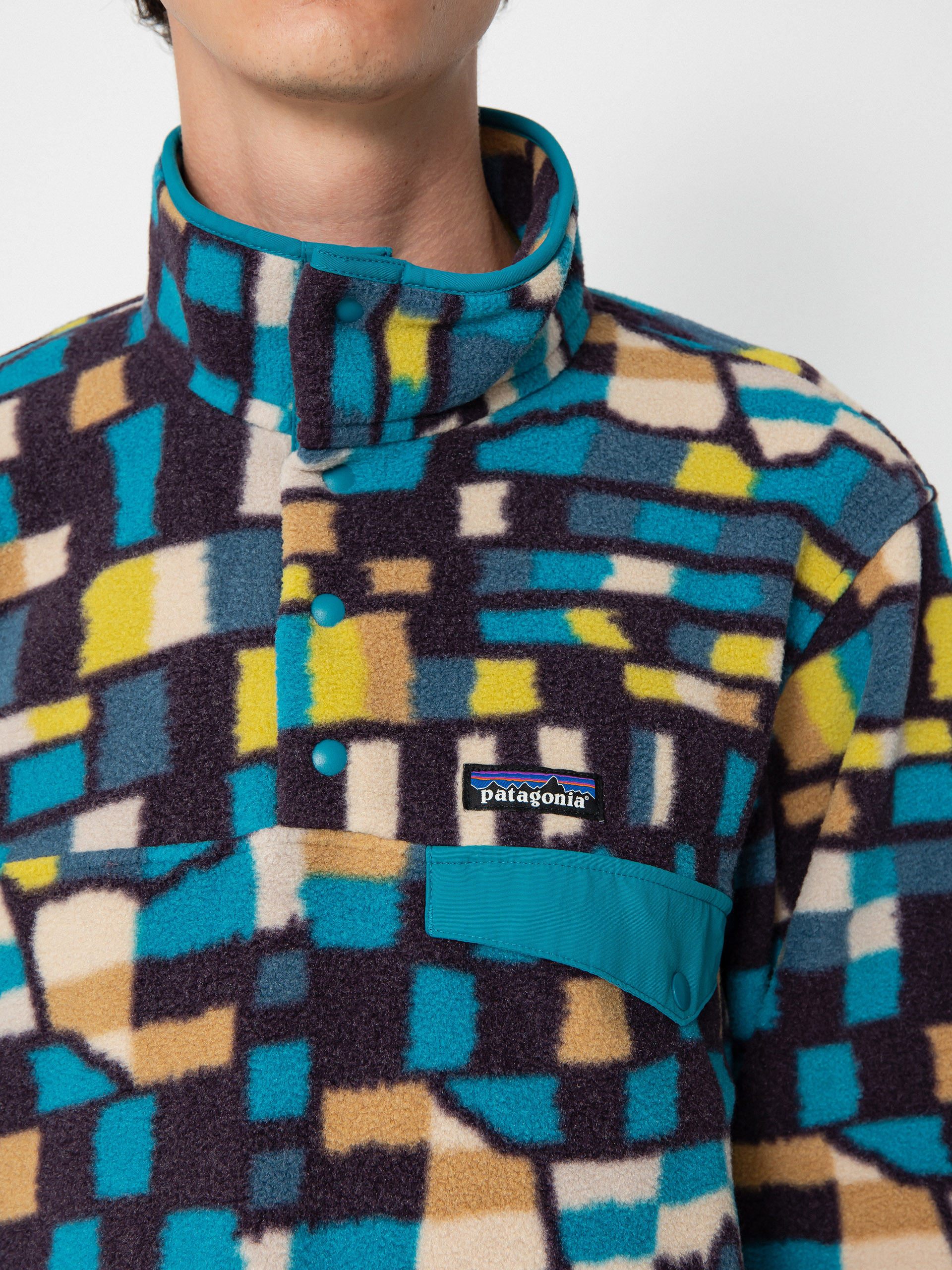 Mens Patagonia Lightweight Synchilla Snap T Fleece  (fitz roy patchwork/belay blue)