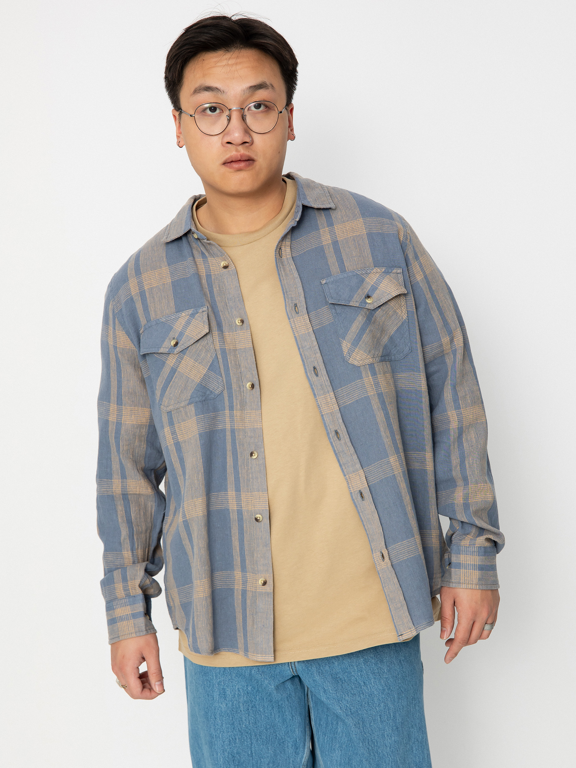 Brixton Memphis Linen Blend Ls Hemd (flint stone blue/sand)