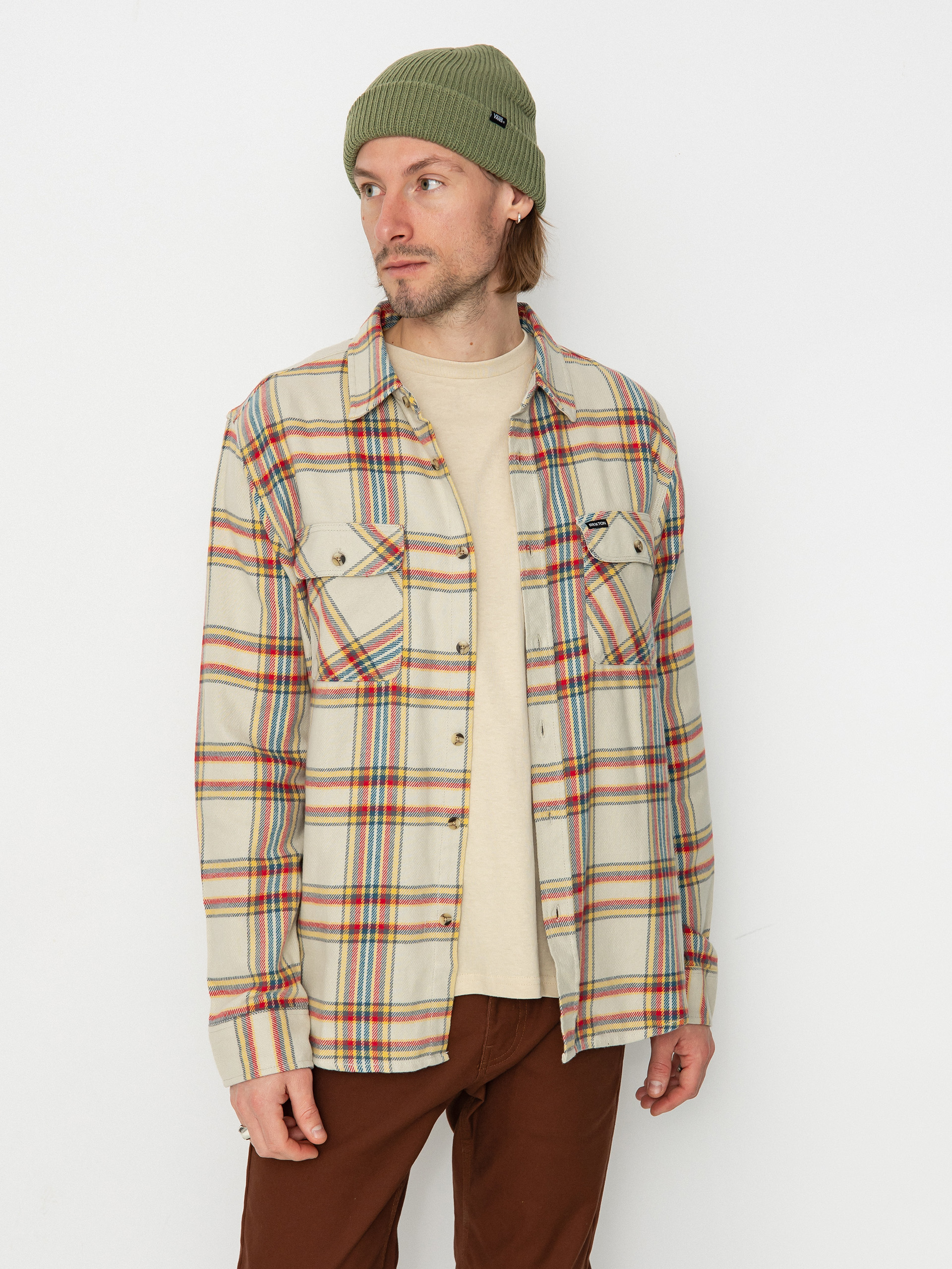 Brixton Bowery Flannel Ls Hemd (white smoke/yellow/casa red)