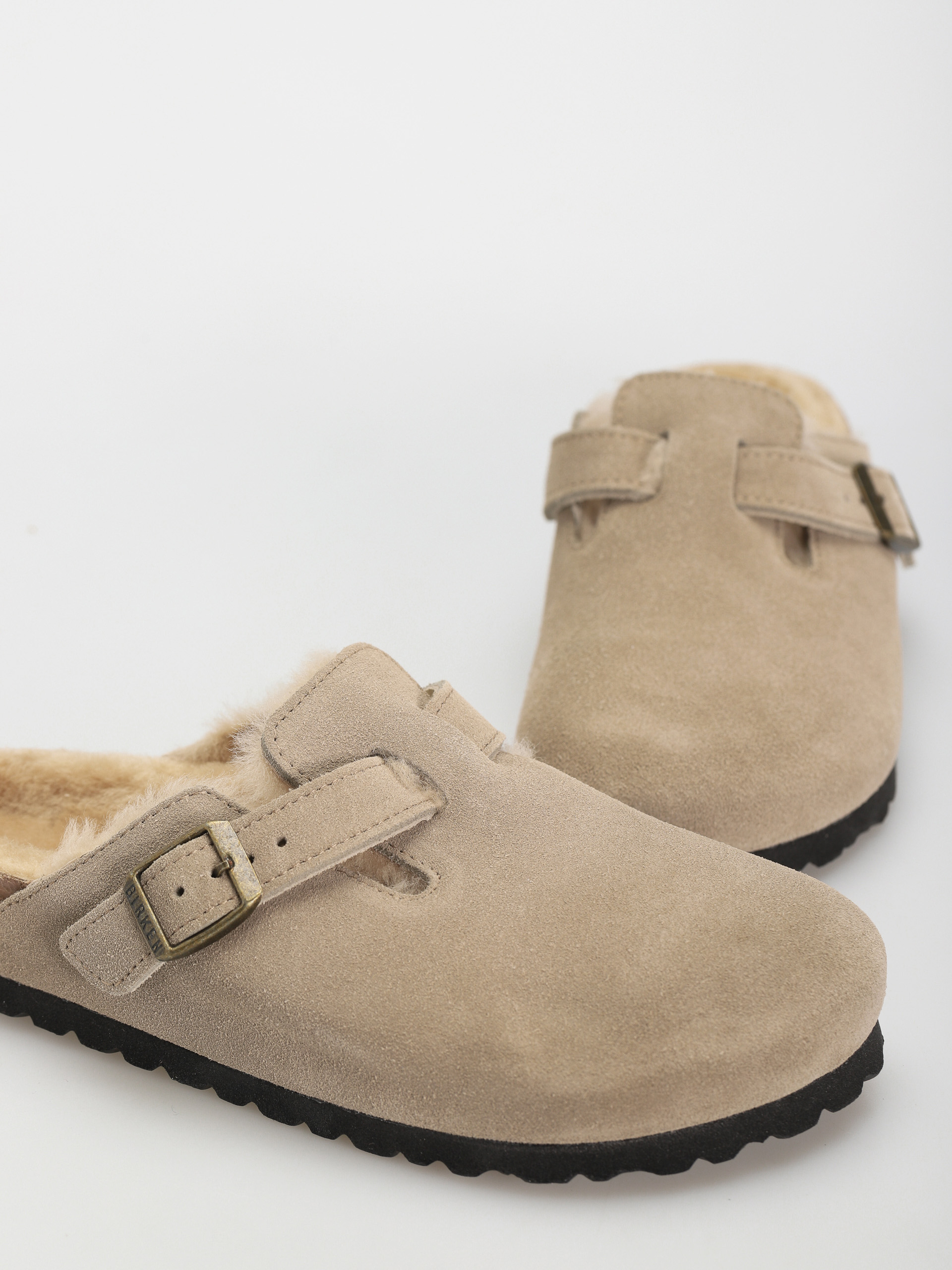 Birkenstock Boston Shearling Suede Leather Fur Narrow Wmn Flip Flops (taupe)