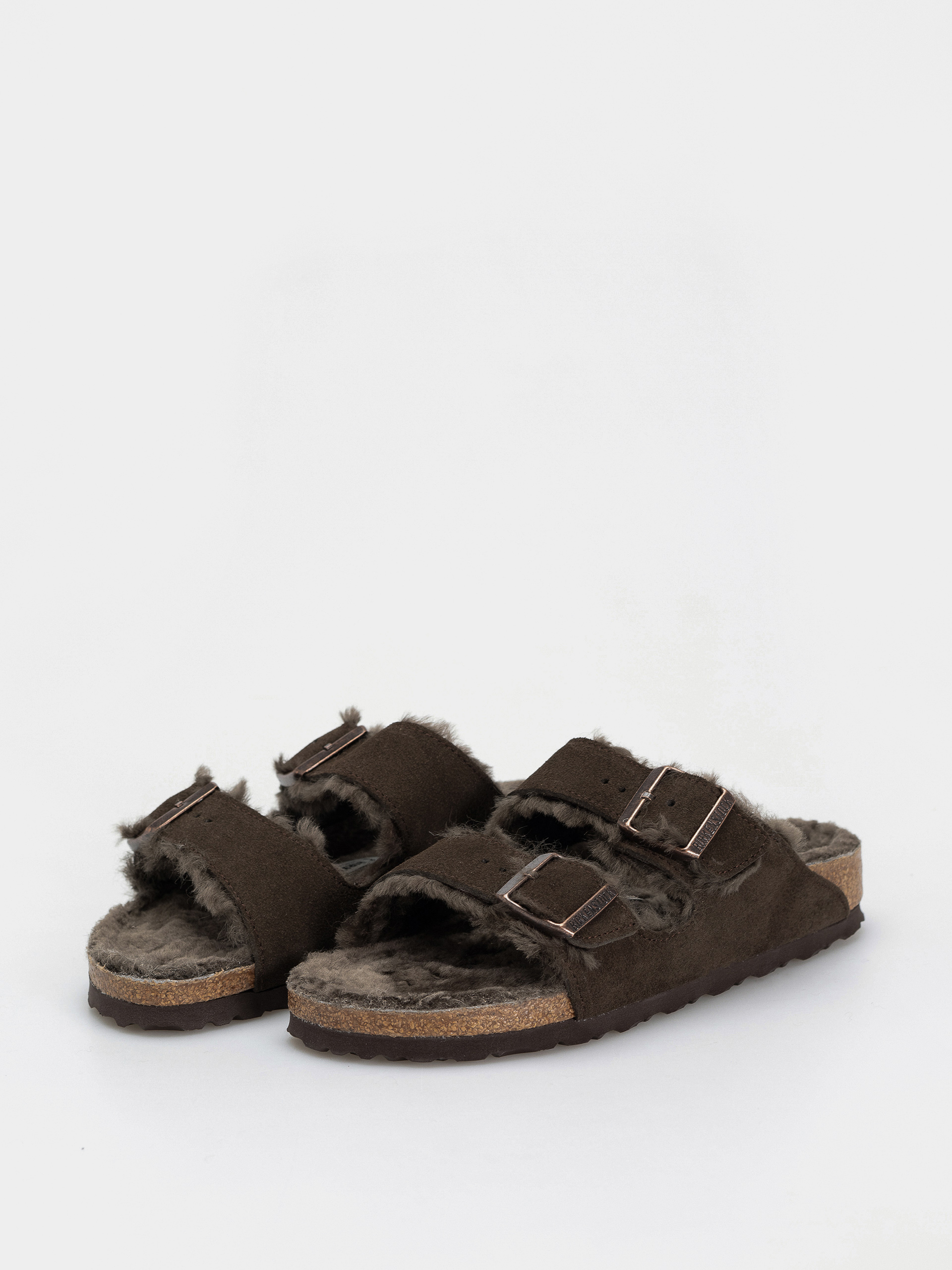 Birkenstock Arizona Shearling Suede Leather Fur Narrow Wmn Flip Flops mocha