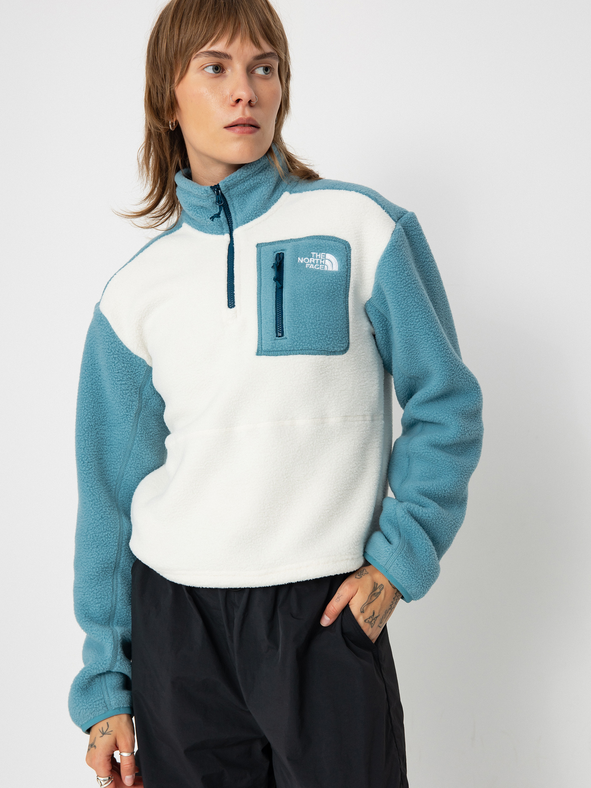 Womens The North Face Yumiori 1/4 Zip Fleece  (algae blue/white dune/m)