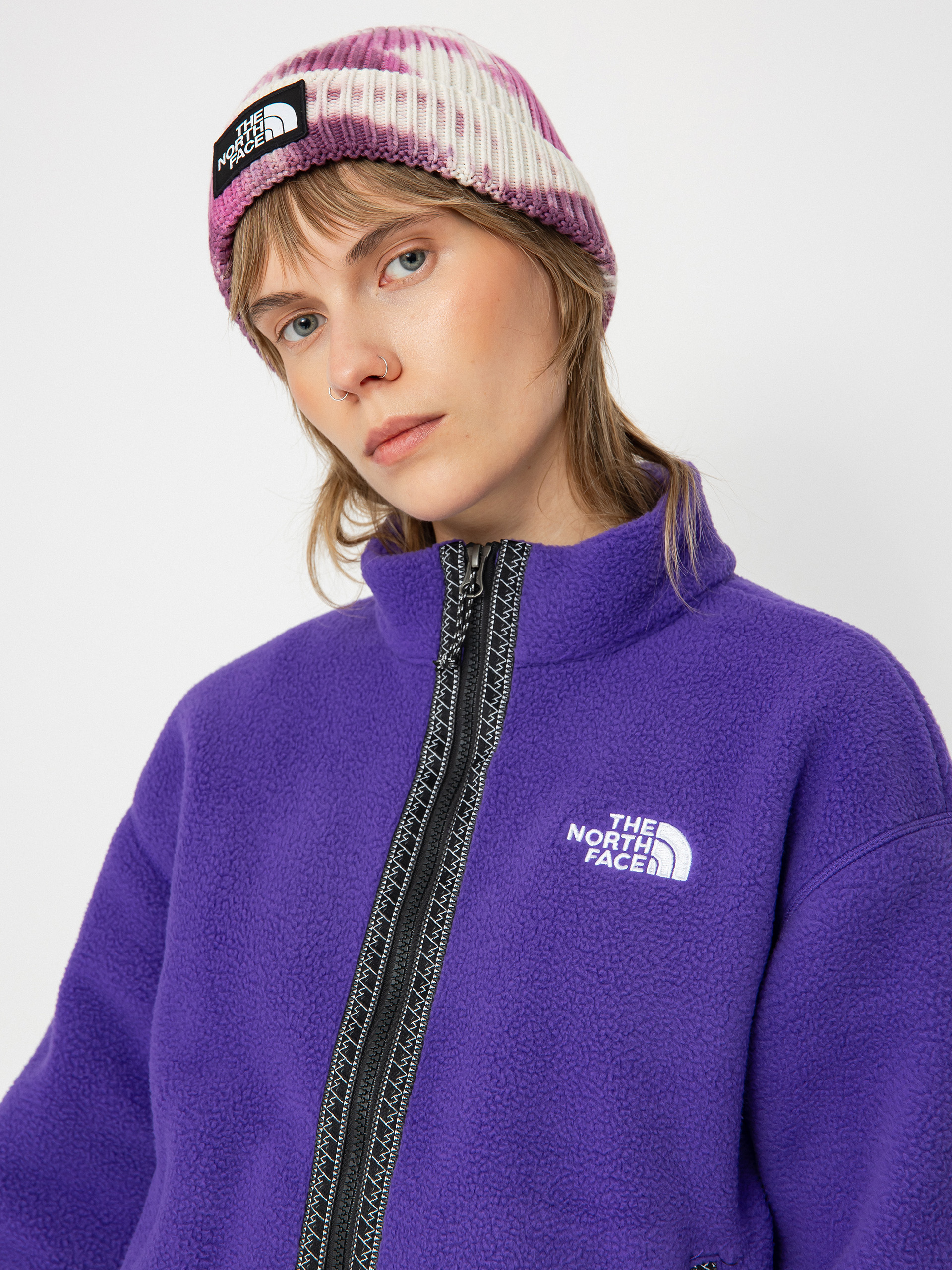 Purple fuzzy north face jacket discount