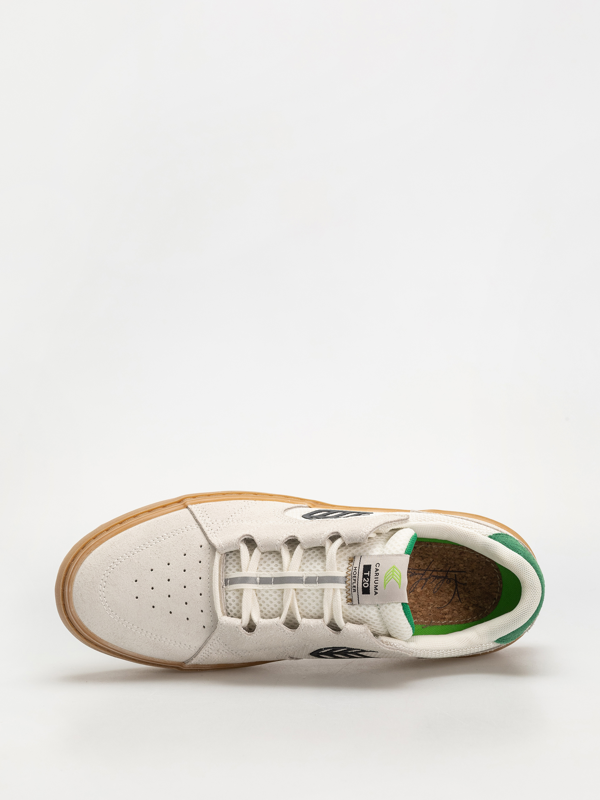 Cariuma T20 Pro Shoes (gum smoke white suede and mesh black logo green)