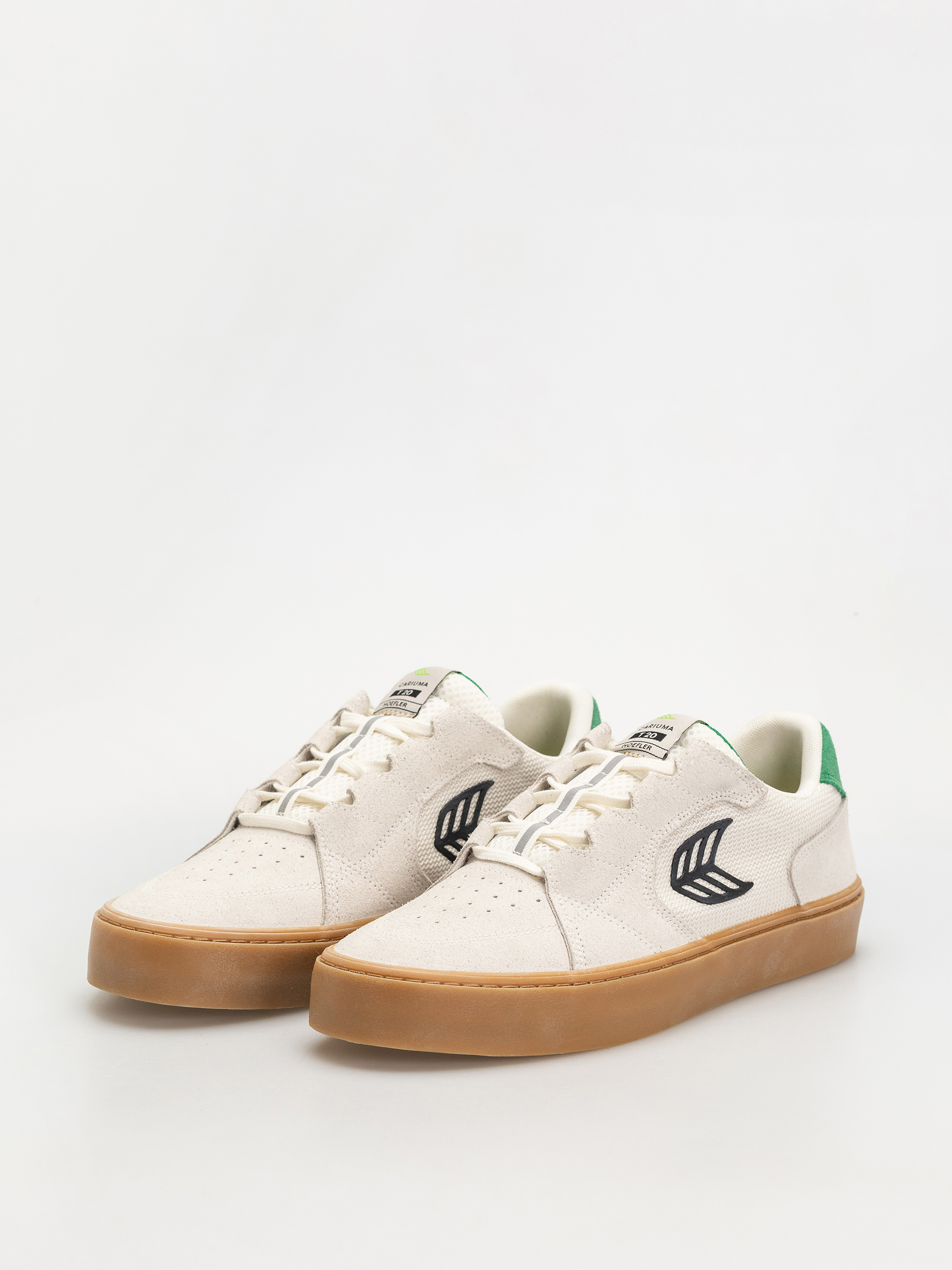 Cariuma T20 Pro Shoes (gum smoke white suede and mesh black logo green)