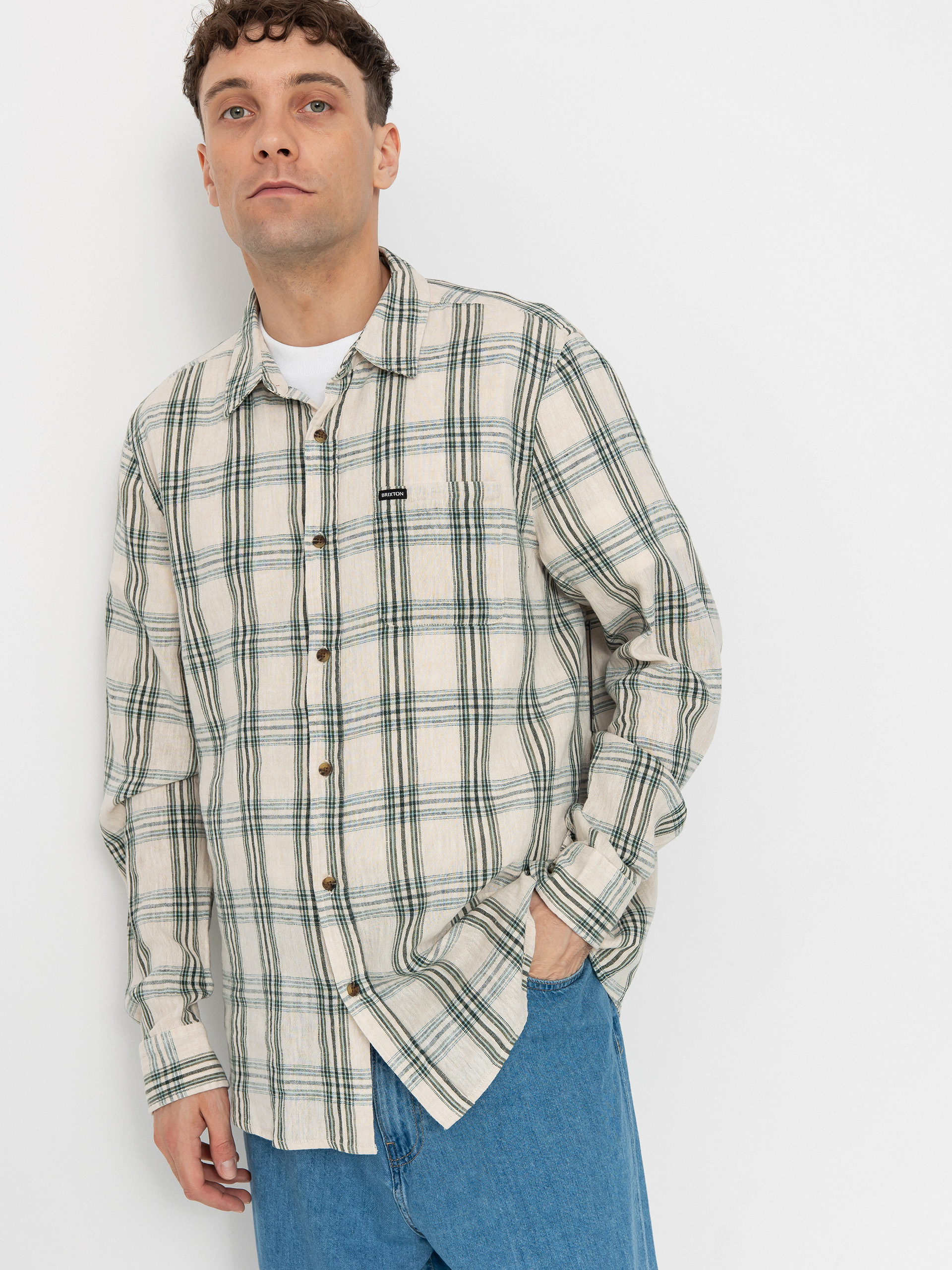 Brixton Charter Linen Blend Ls Shirt (off white/ivy green plaid)