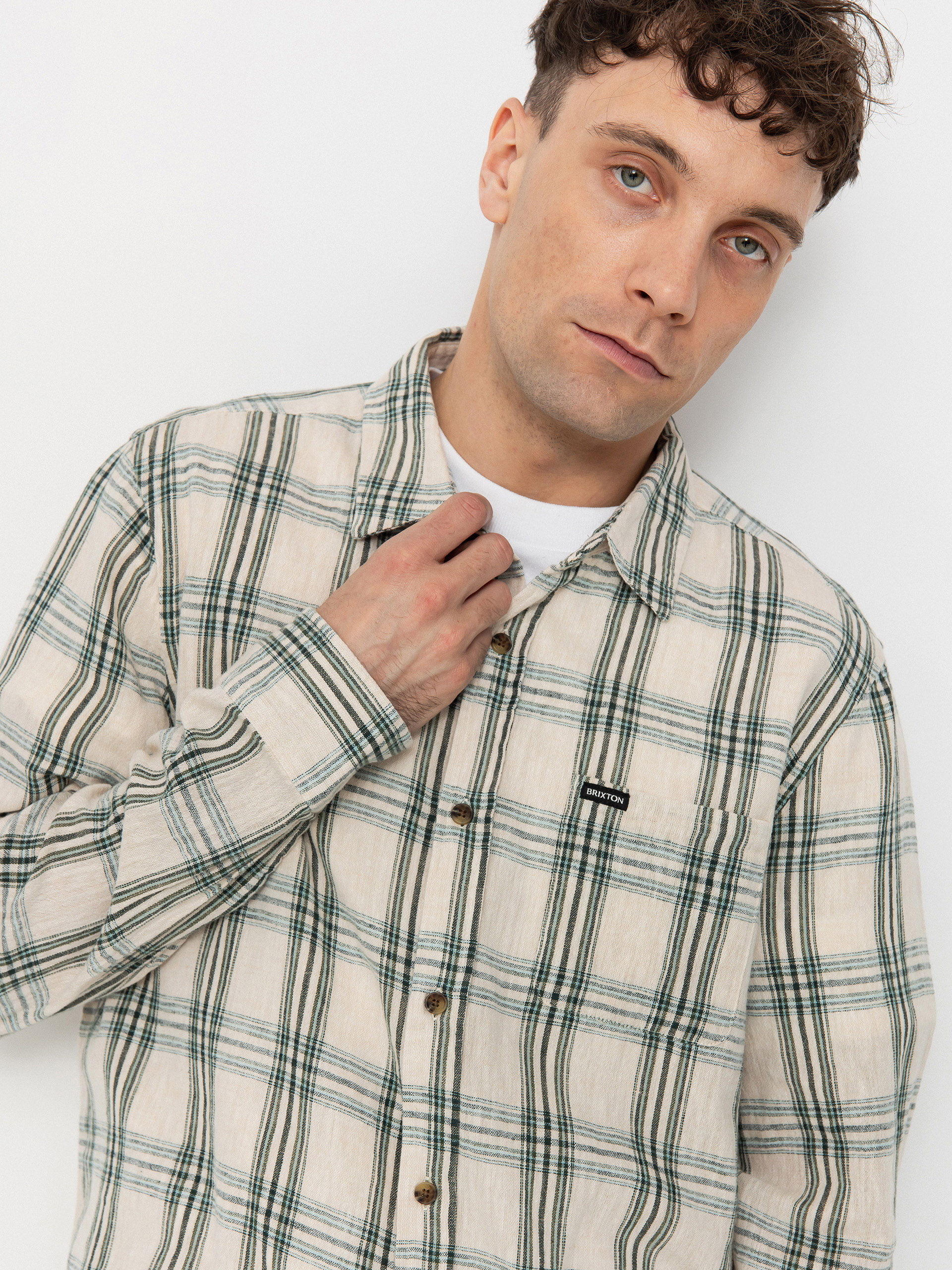 Brixton Charter Linen Blend Ls Hemd (off white/ivy green plaid)