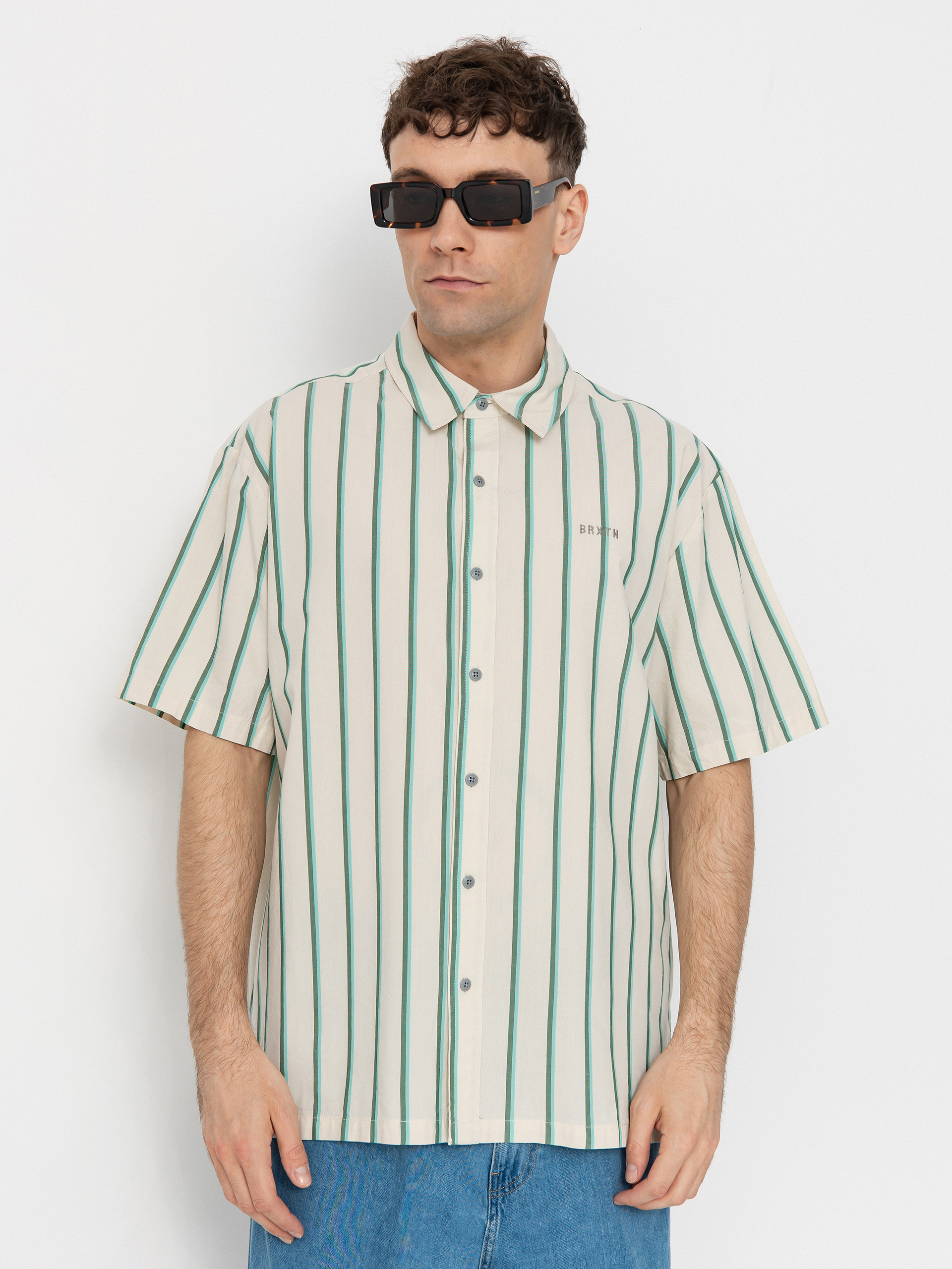 Brixton Cru Stripe Hemd (beige/pine needle/aquatic gree)