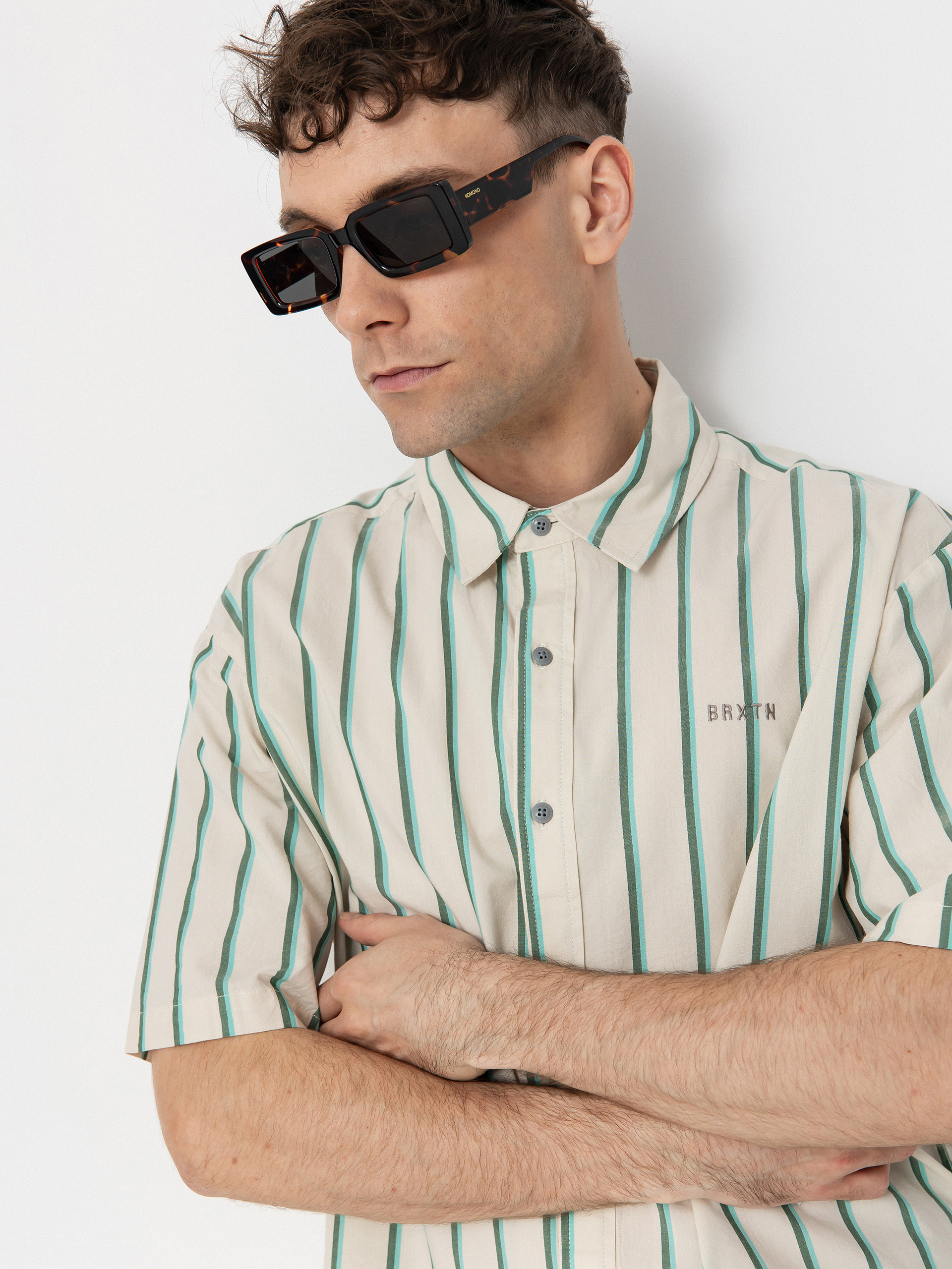 Brixton Cru Stripe Shirt (beige/pine needle/aquatic gree)