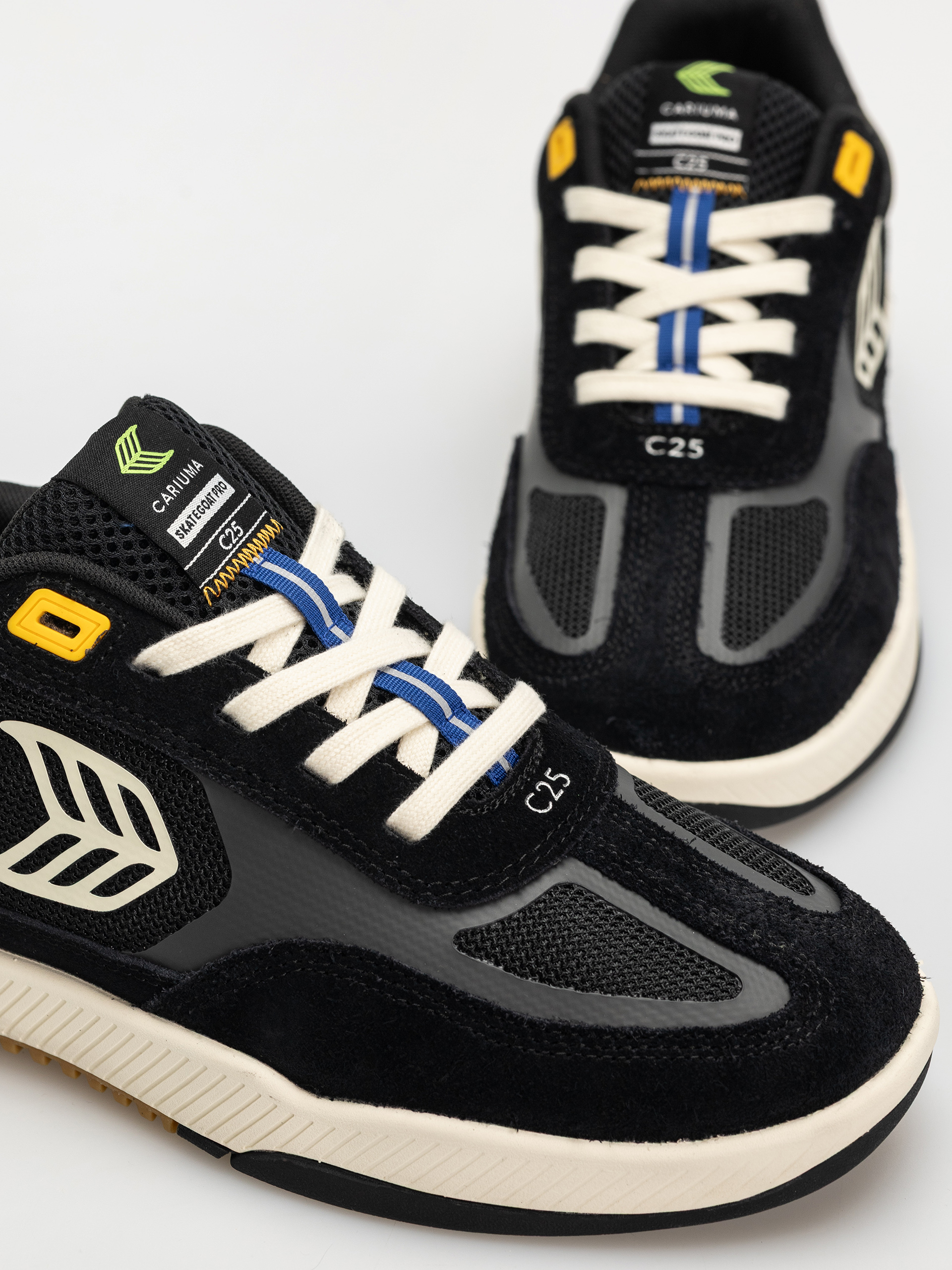 Cariuma Skategoat C25 Pro Shoes (black suede and mesh ivory logo yellow)