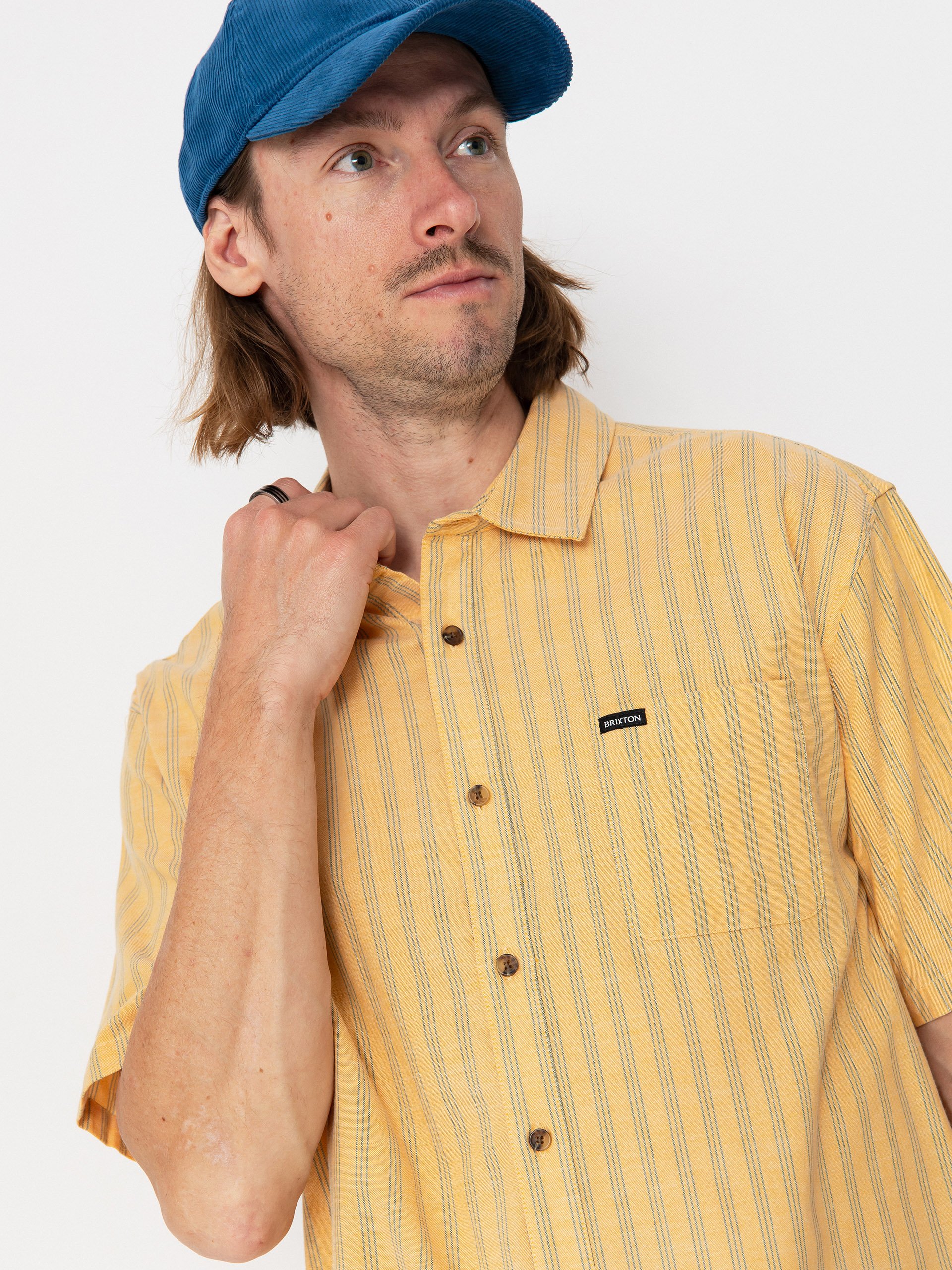 Brixton Cru Oxford Stripe Shirt (curry/ivy green stripe)