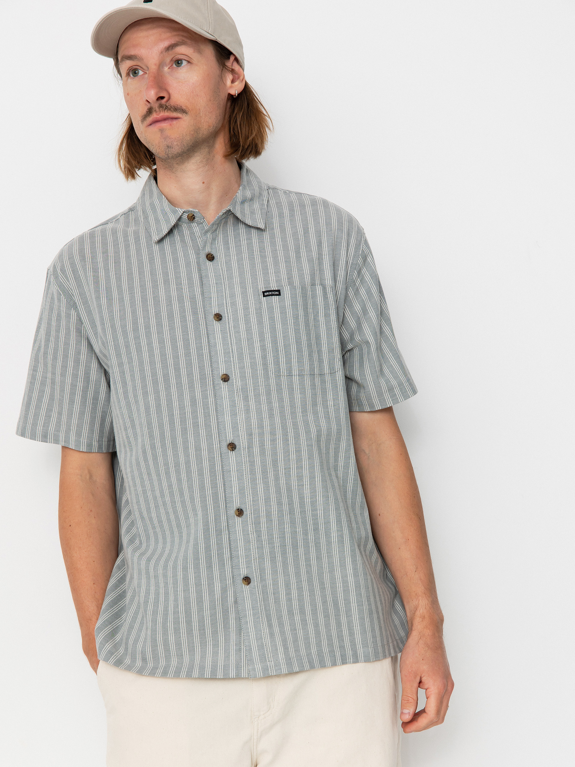 Brixton Cru Oxford Stripe Shirt - grey (basalt blue/whitcap stripe)