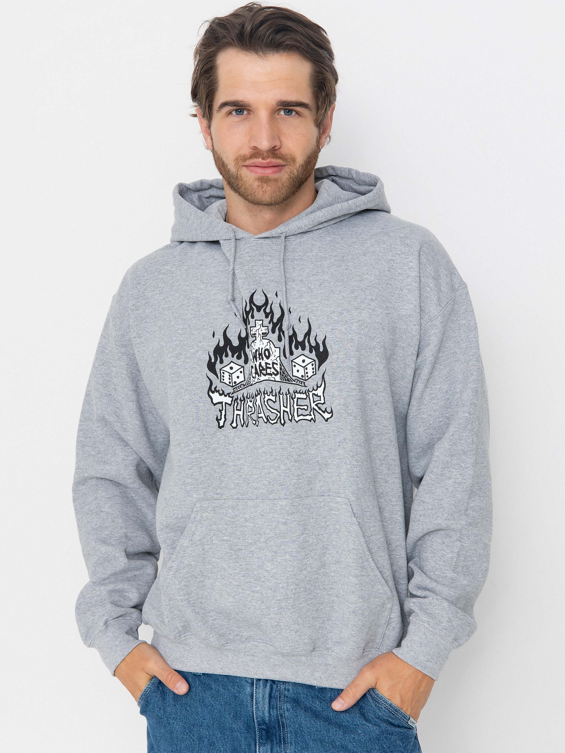 Thrasher Who Cares By Neckface HD Hoodie grey (grey)
