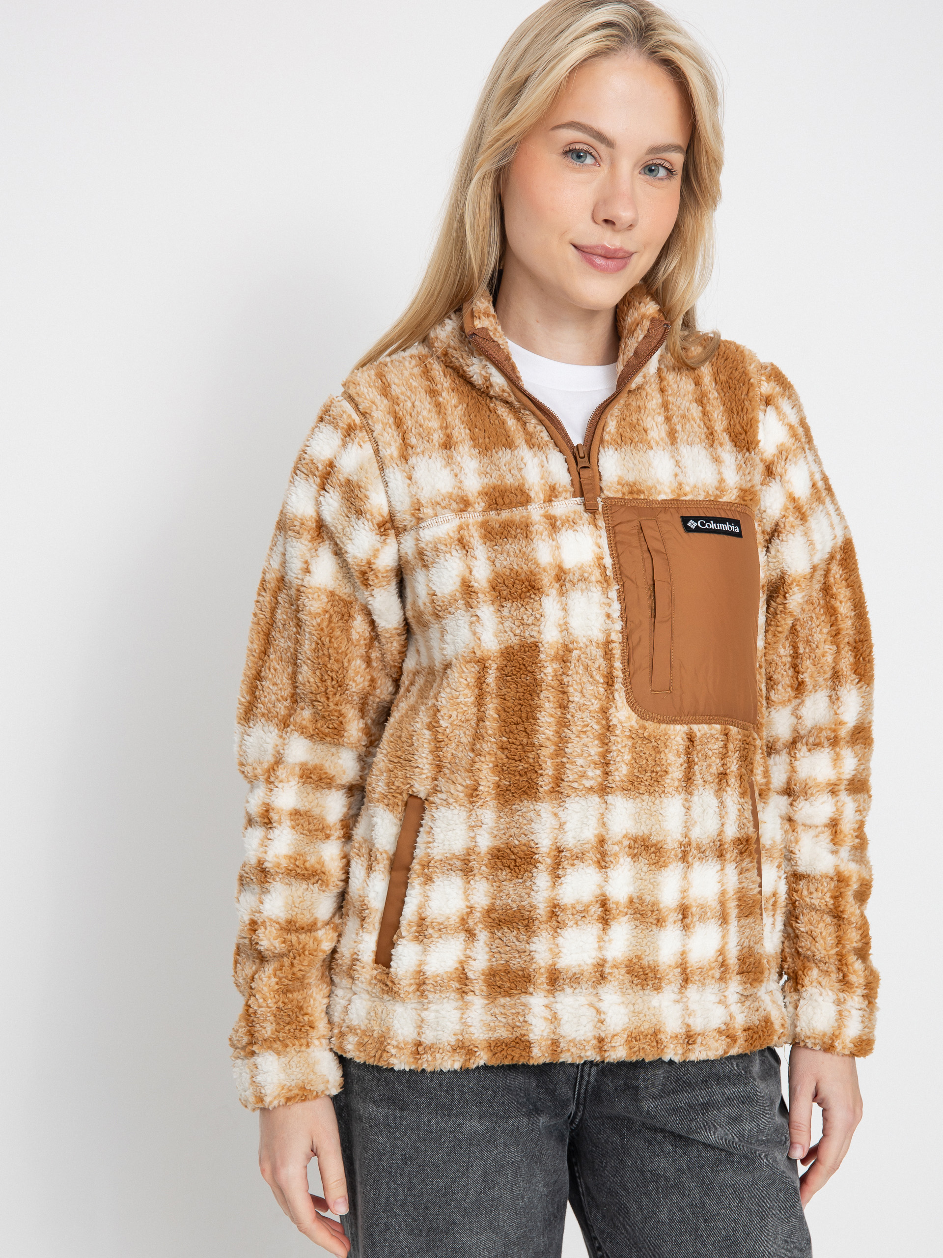 Womens Columbia West Bend 1/4 Zip II Fleece  (camel brown herringplaid)