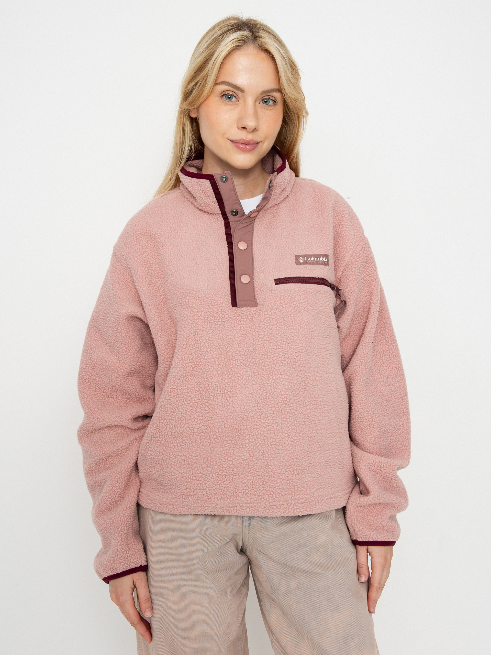 Columbia Helvetia II Cropped Half Snap Wmn Fleece  (eraser pink/fig/rich wine)