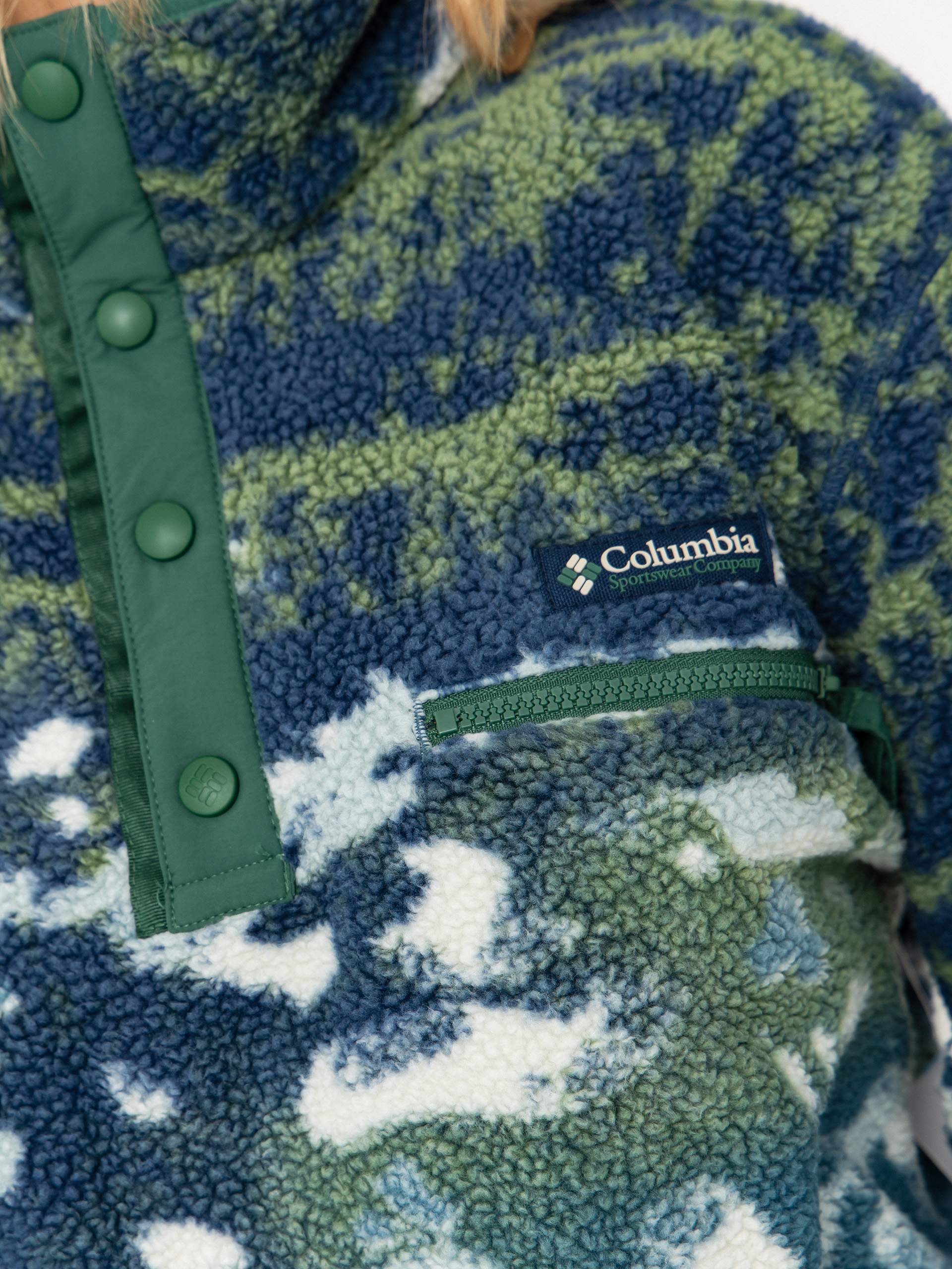 Damen Columbia Helvetia II Printed Cropped Half Snap Fleece Jacke (everblue sisters/rain forest)