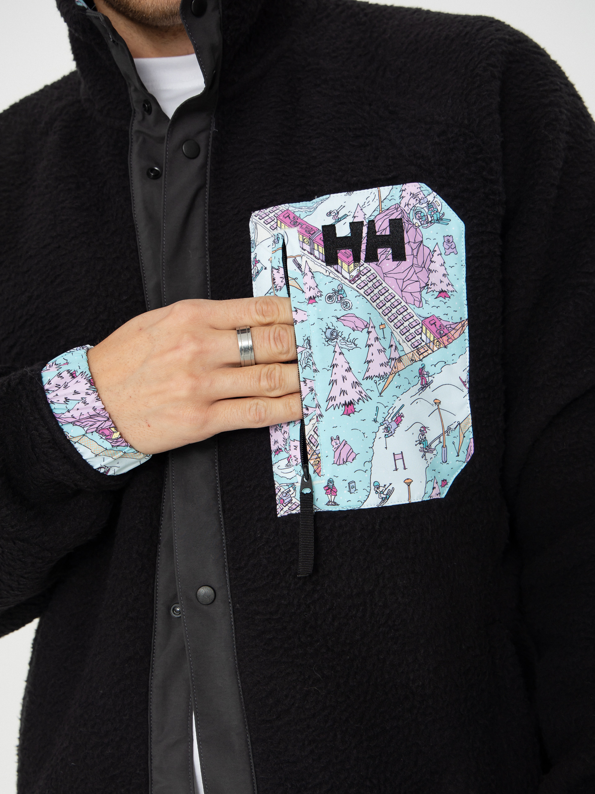 Mens Helly Hansen Fleece  Panorama Pile Snap (black oslo aop)