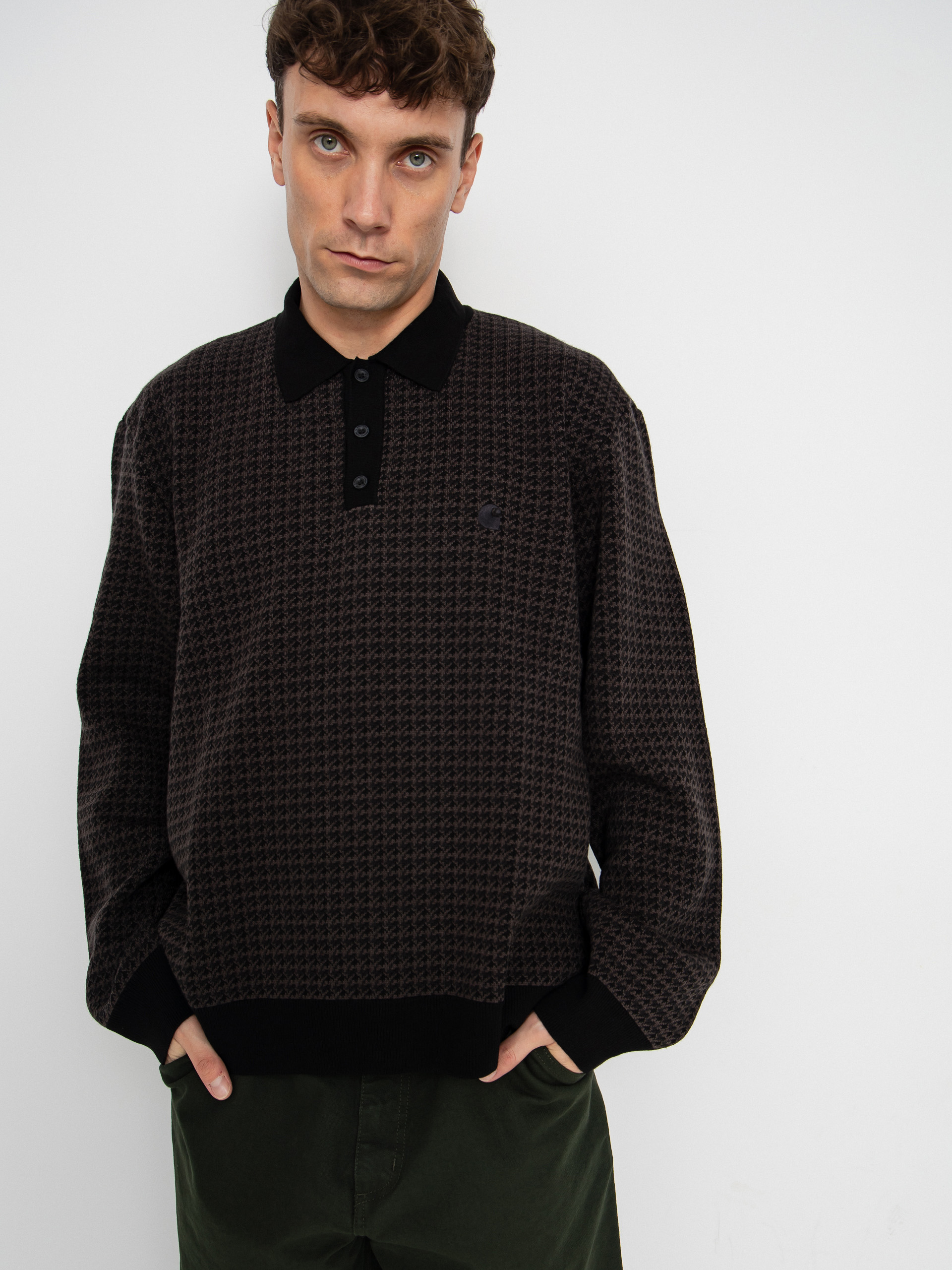 Carhartt WIP Lowis Polo Sweater - black, violet (lowis houndstooth