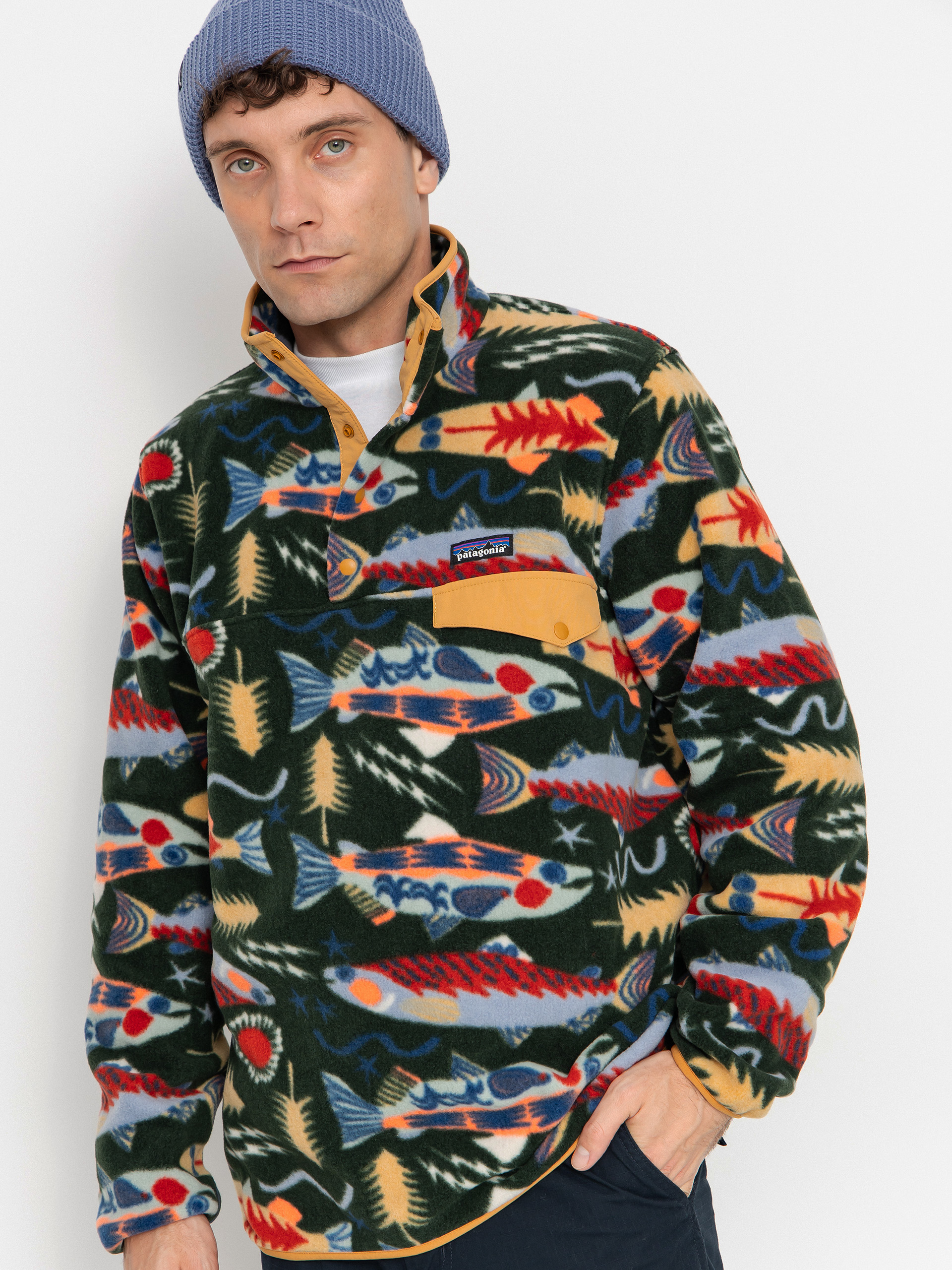 Mens Patagonia Fleece  LW Synch Snap T (salmon energy old growth green)