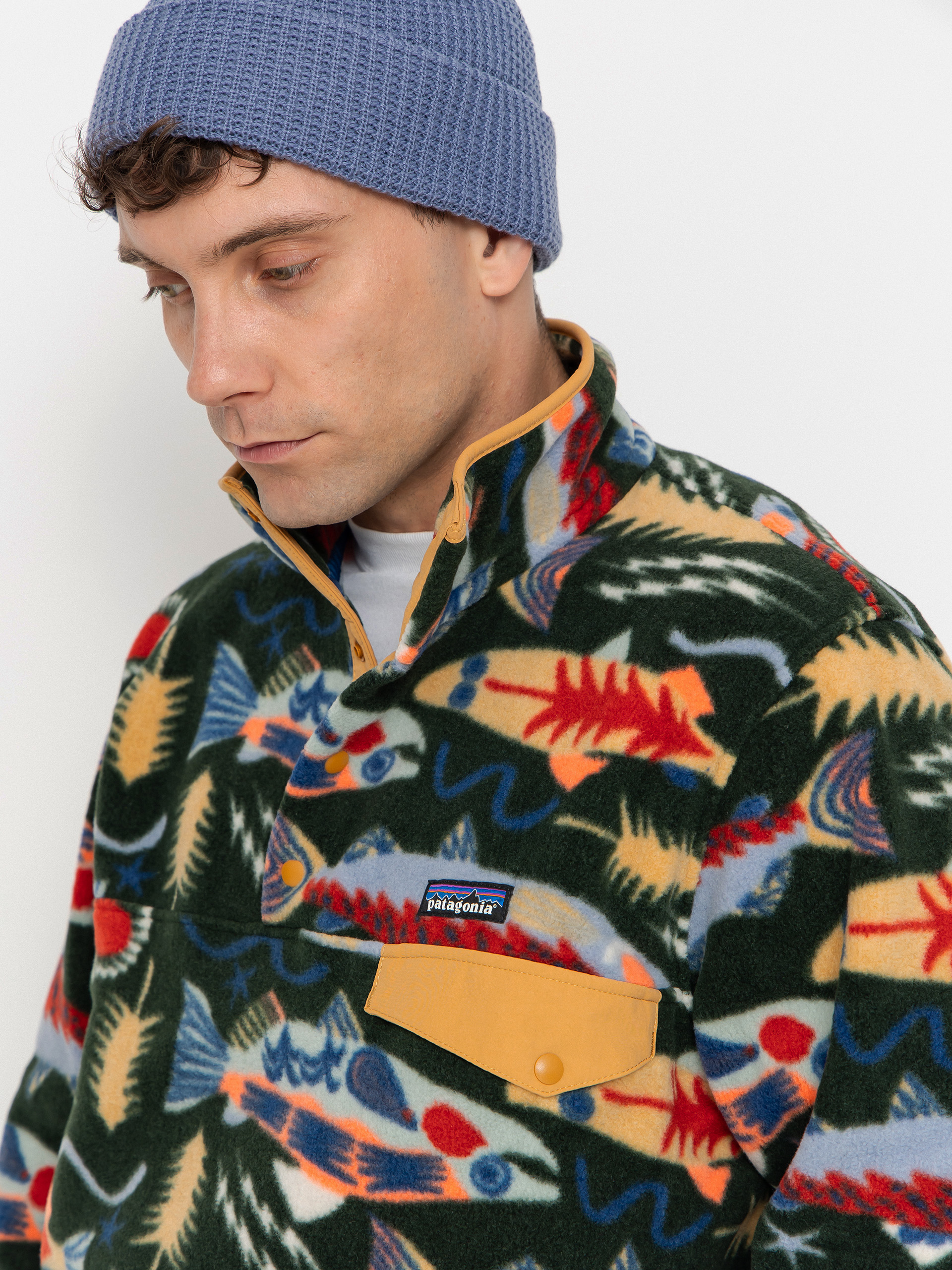 Mens Patagonia Fleece  LW Synch Snap T (salmon energy old growth green)