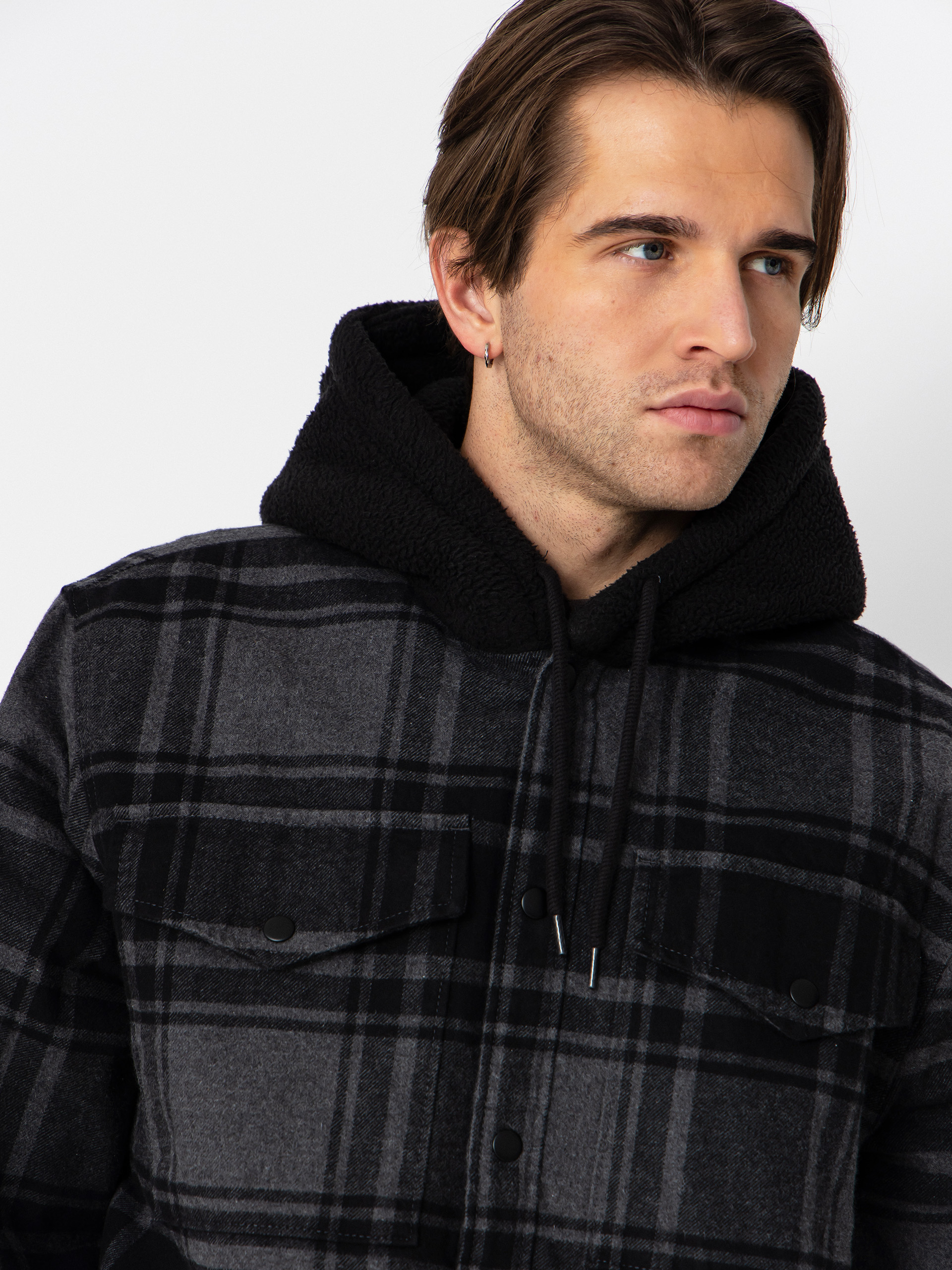 Vans Piedmont Hooded Plaid Shacket Shirt (black/asphalt heather)