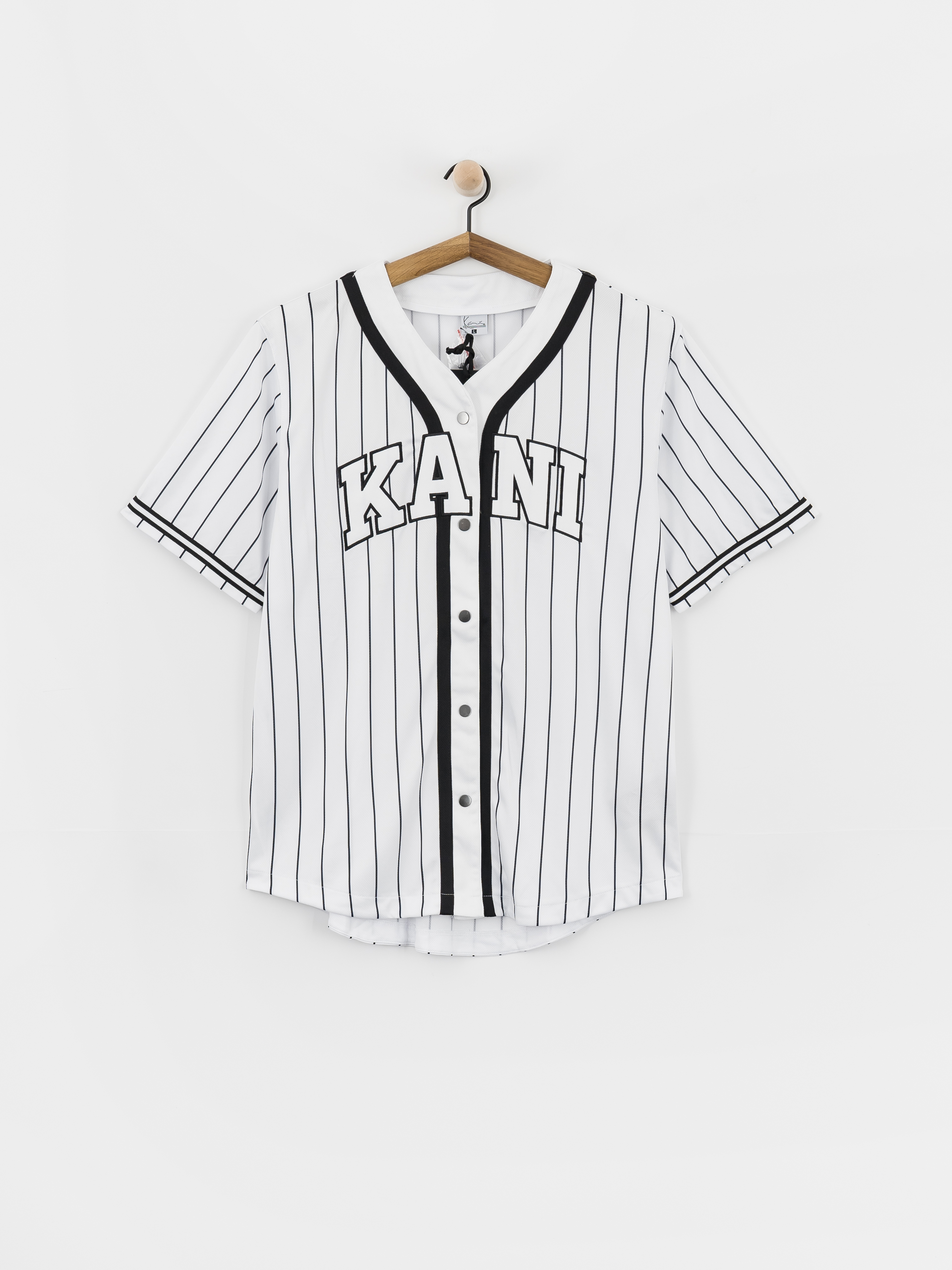 Karl Kani Serif Pinstripe Baseball Shirt (white/black)