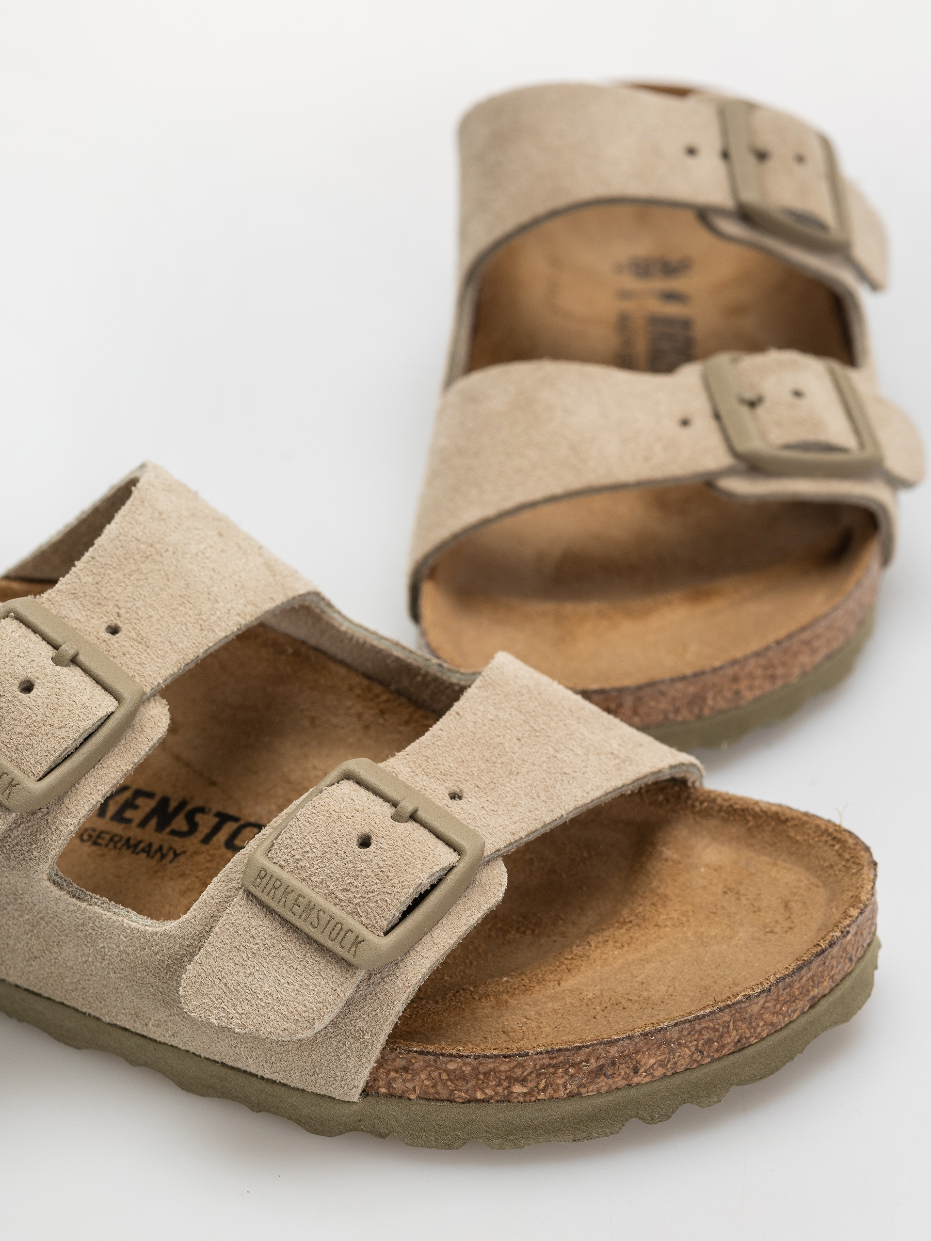 Birkenstock Arizona Suede Leather Narrow Flip Flops (faded khaki)