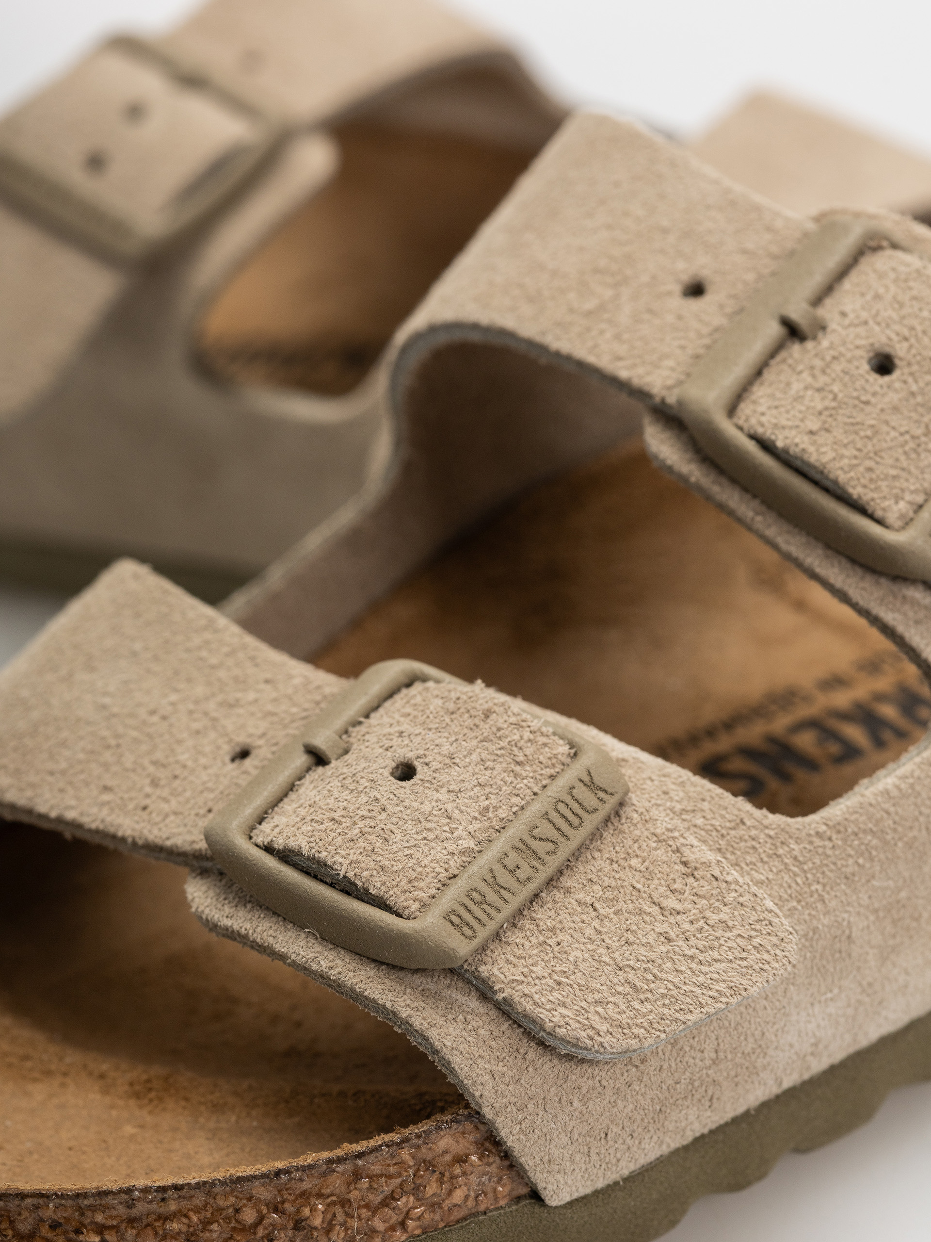 Birkenstock Arizona Suede Leather Narrow Flip Flops (faded khaki)