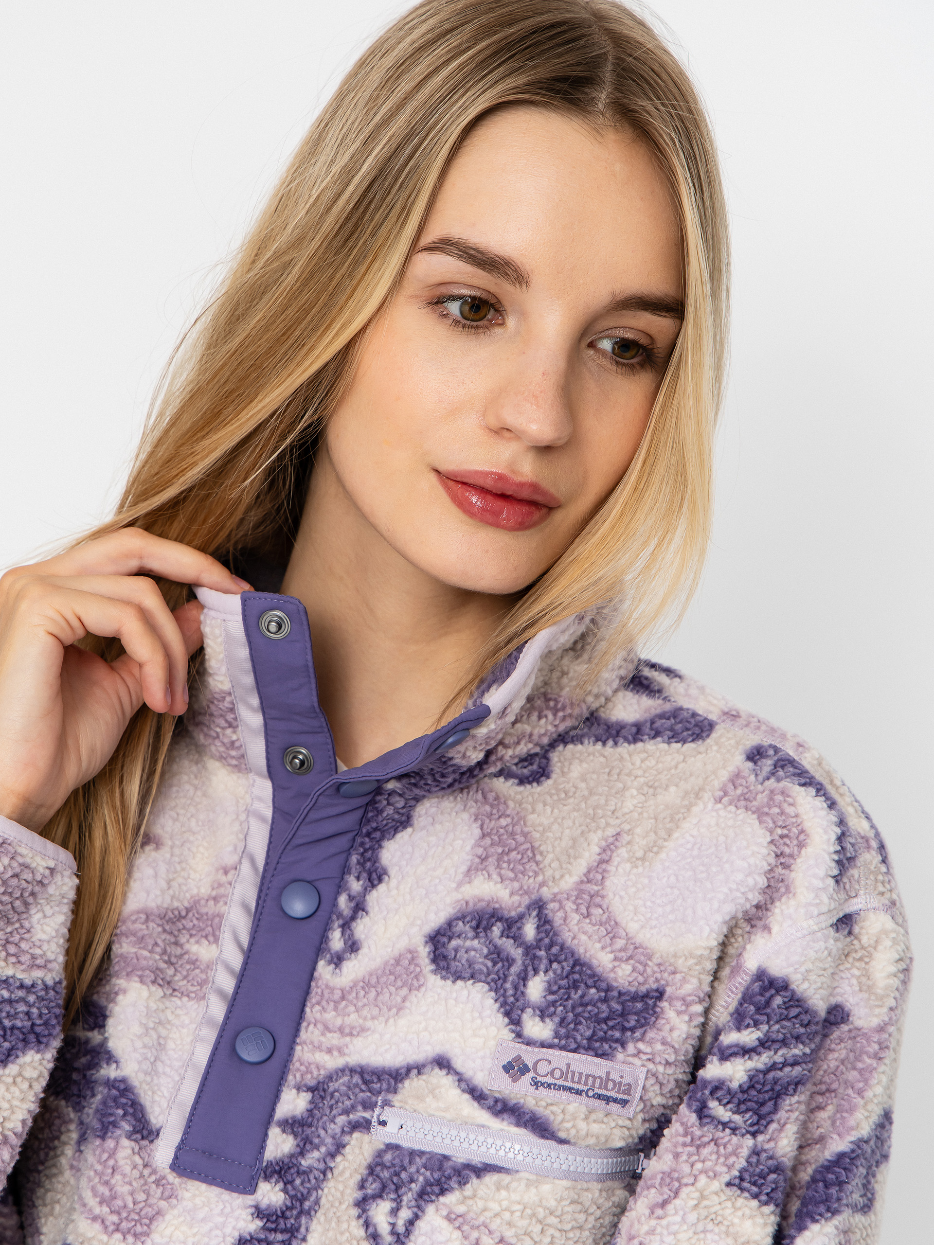 Damen Columbia Helvetia II Printed Cropped Half Snap Fleece Jacke (lavender pearl/sunscape)