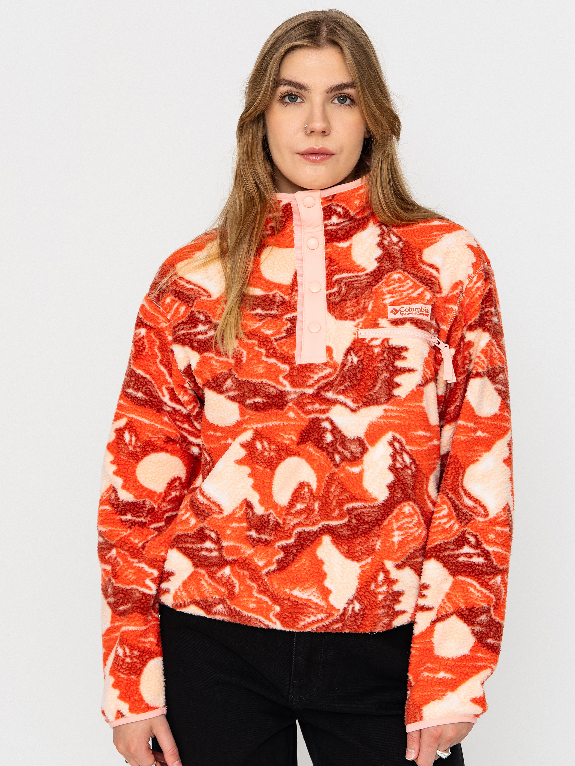 Columbia Helvetia II Printed Cropped Half Snap Wmn Fleece  (poppy red/sunscape)