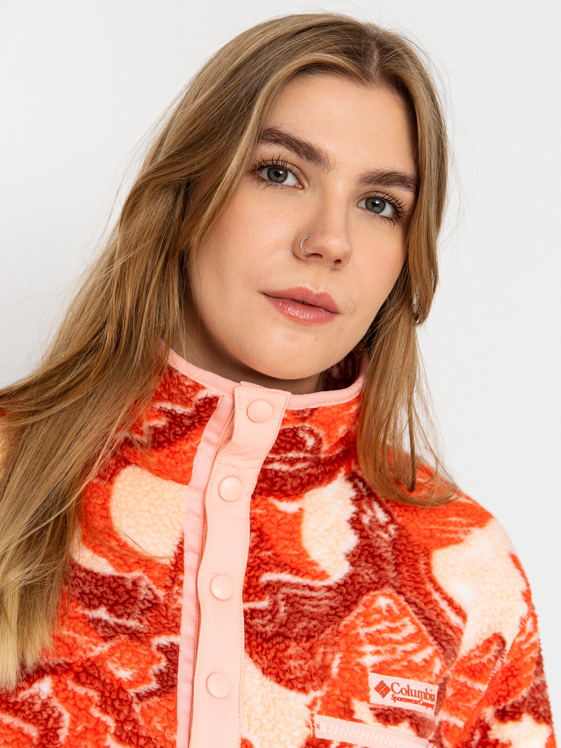 Womens Columbia Helvetia II Printed Cropped Half Snap Fleece  (poppy red/sunscape)