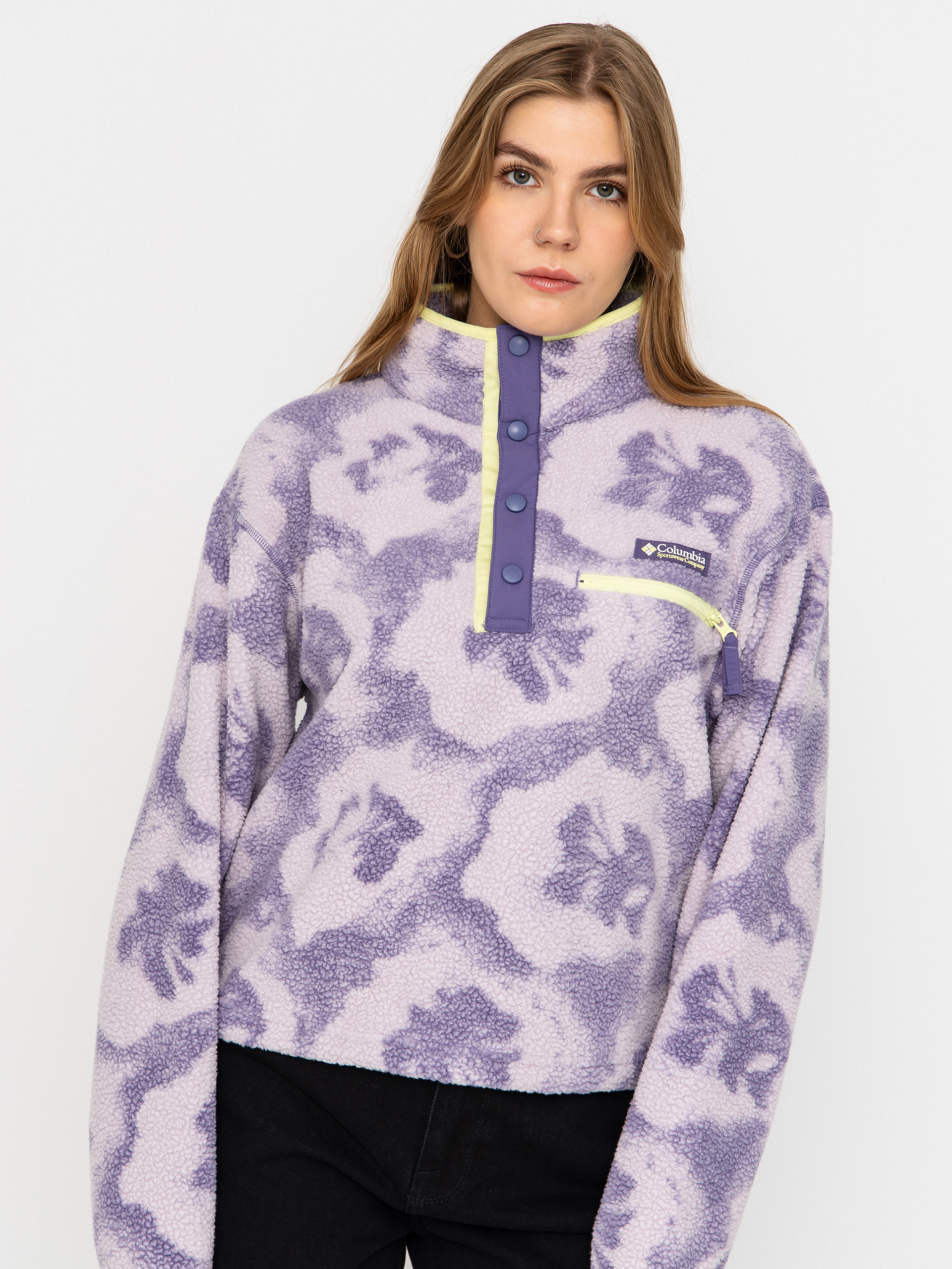 Columbia Helvetia II Printed Cropped Half Snap Wmn Fleece  (stormwatch/sprayflower)