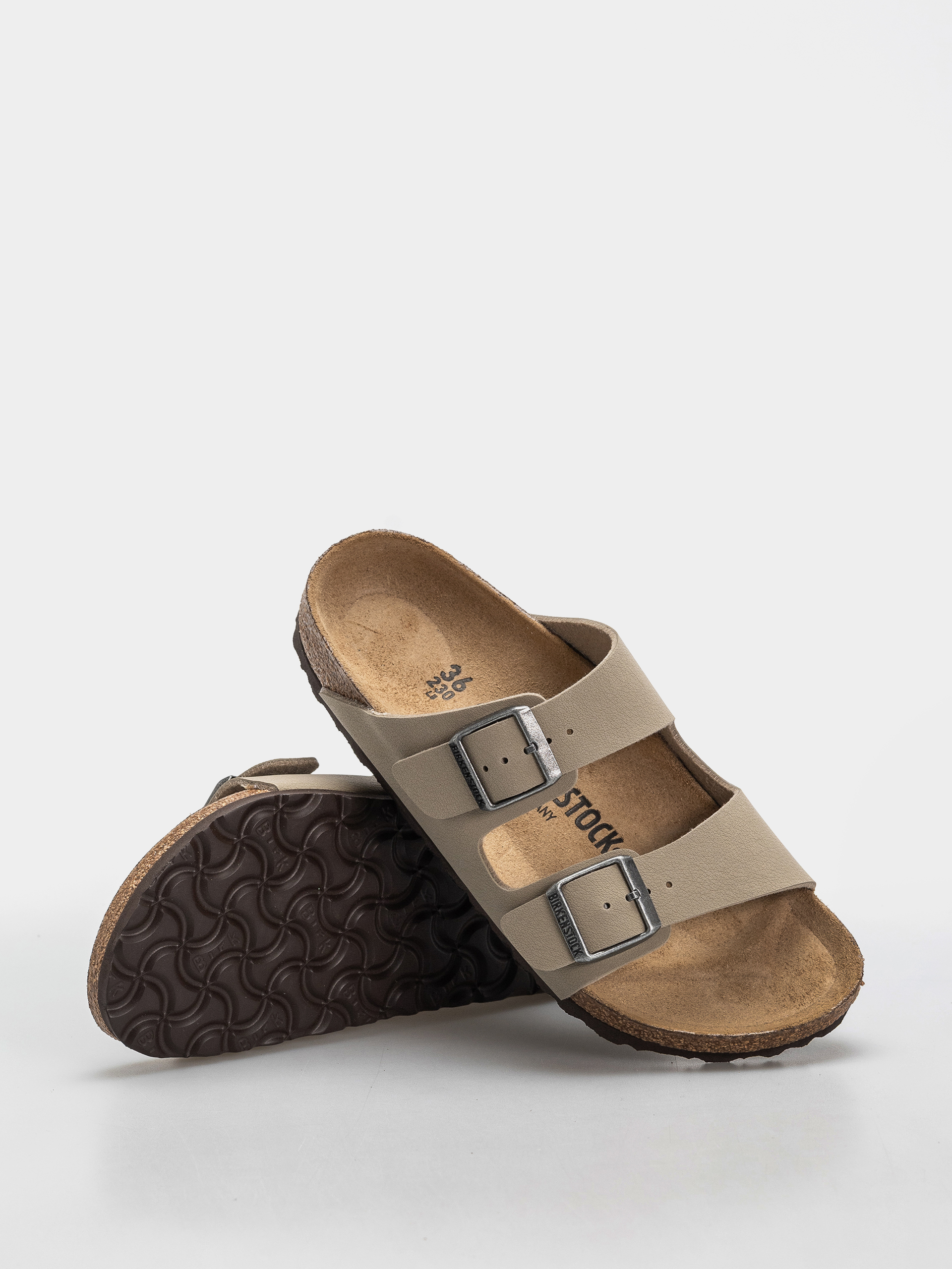 Birkenstock Arizona Birko Flor Narrow Flip Flops (faded khaki/dark brown os)