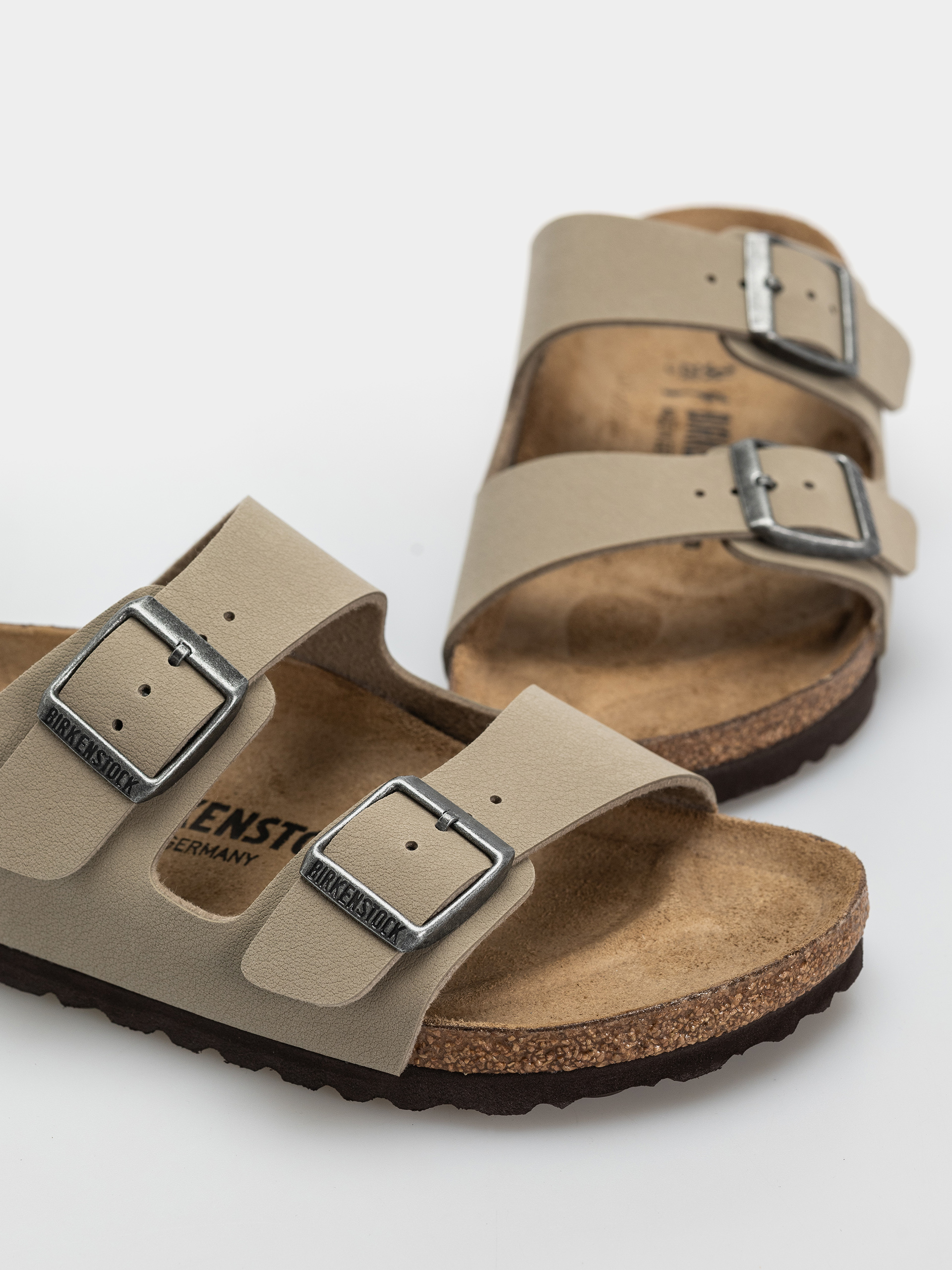 Birkenstock Arizona Birko Flor Narrow Flip Flops (faded khaki/dark brown os)