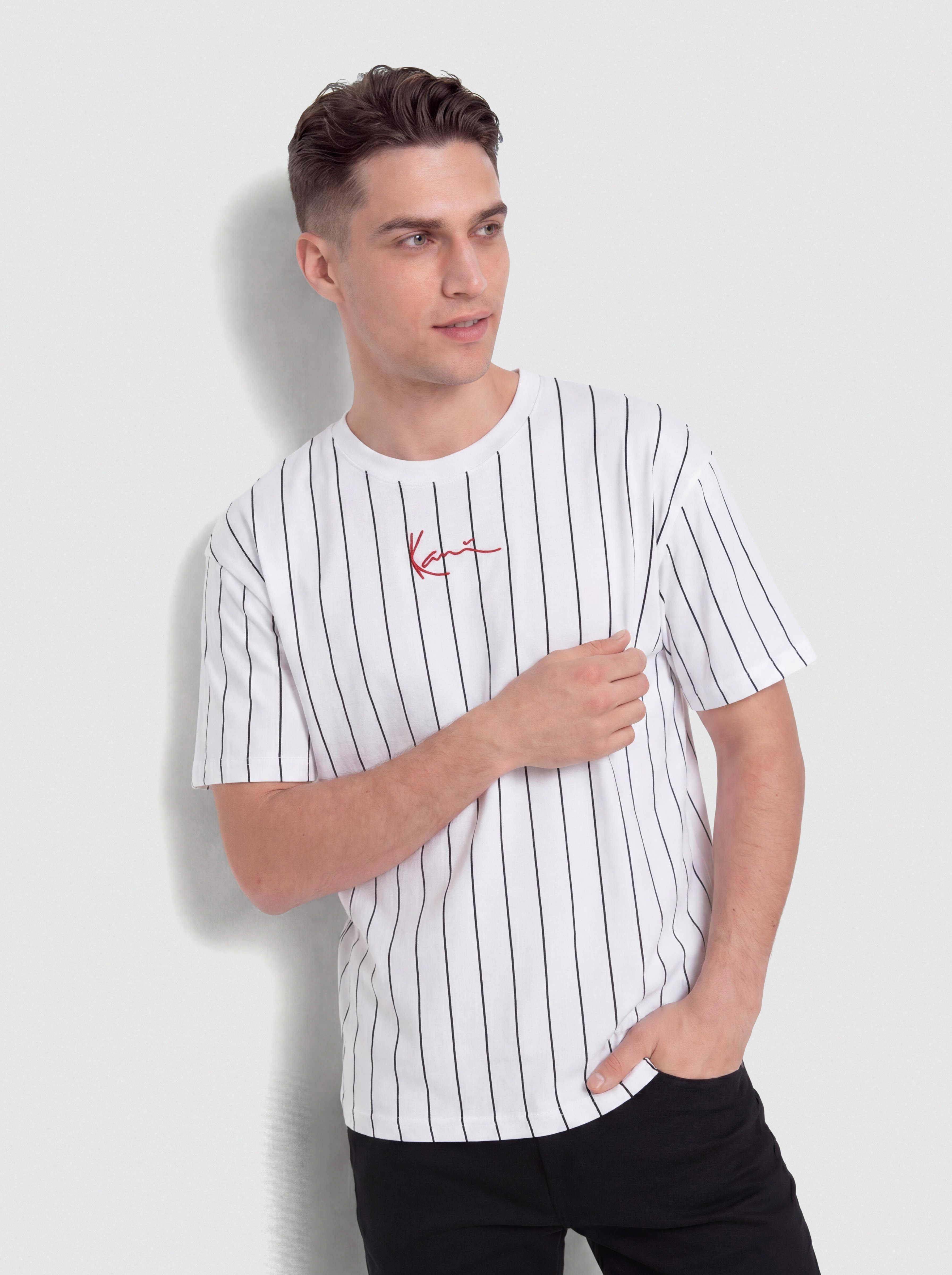 Karl Kani Small Signature Pinstripe T-Shirt (white/black)