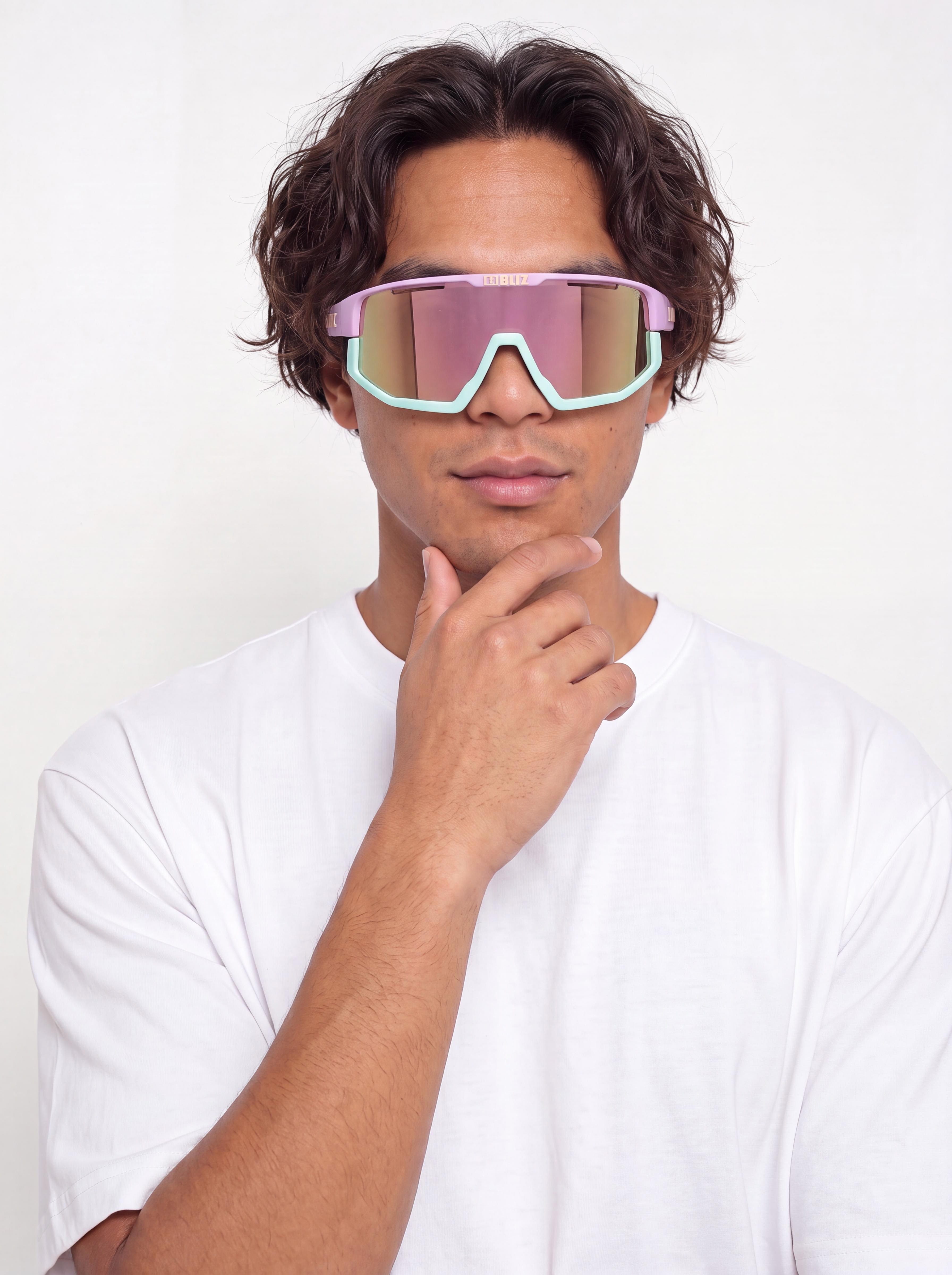 Bliz Fusion Sunglasses (matt pastel purple w yellow logo matt mint jawbone + spare jawbone in yellow/brown w pink multi)
