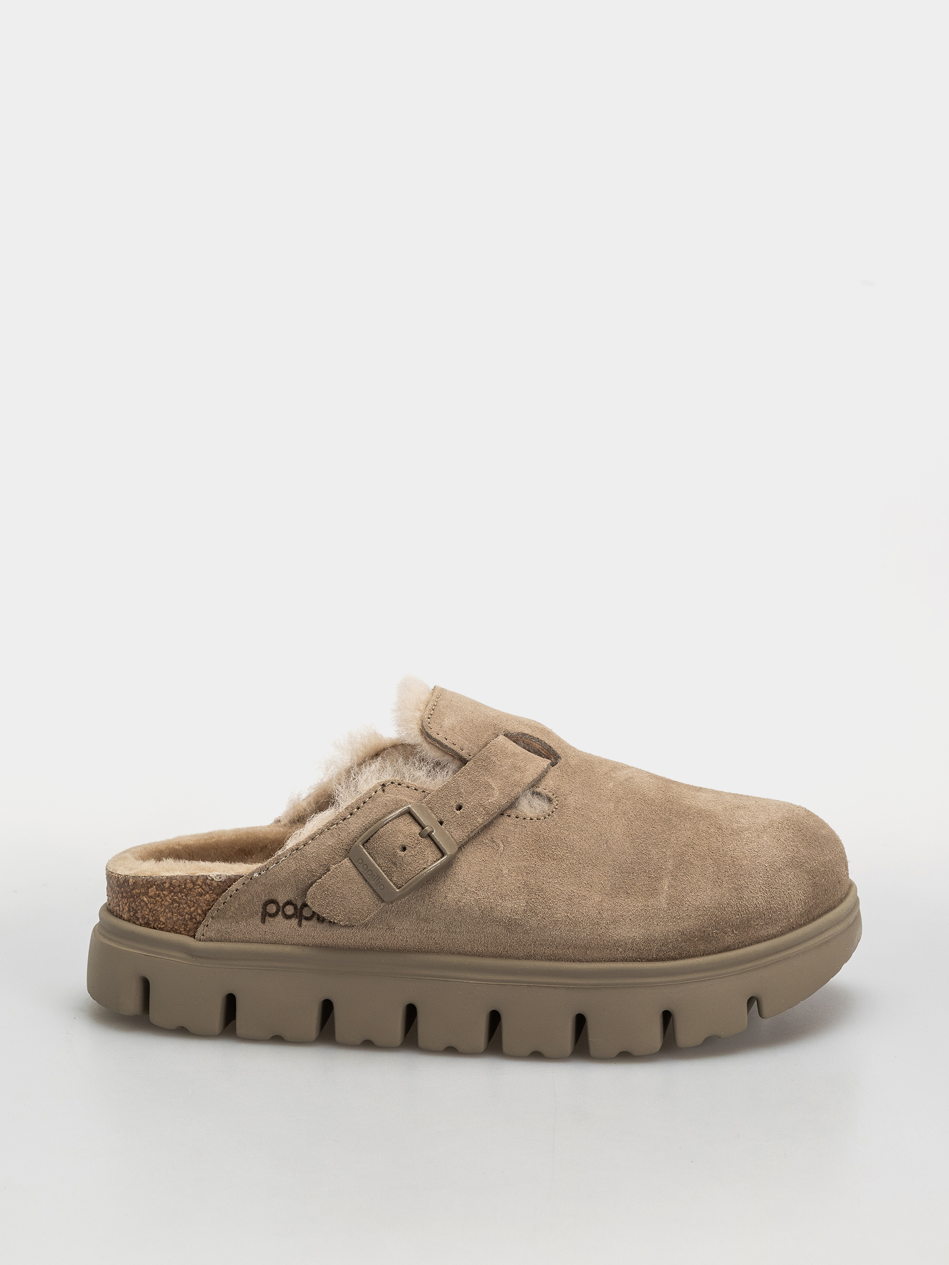 Birkenstock Boston Chunky Shearling Suede Leather Narrow Wmn Flip-flops (taupe)