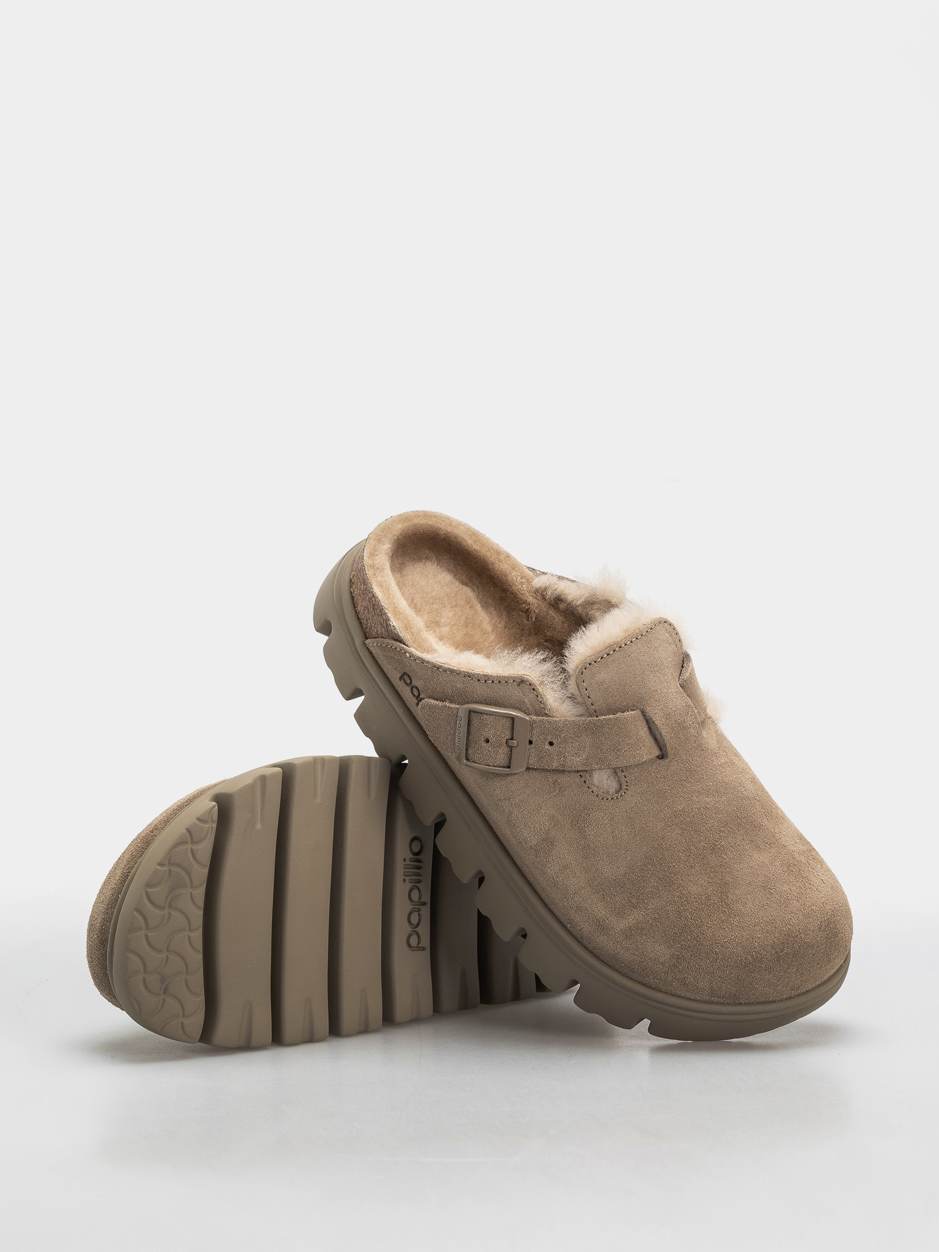 Birkenstock Boston Chunky Shearling Suede Leather Narrow Wmn Flip-flops (taupe)