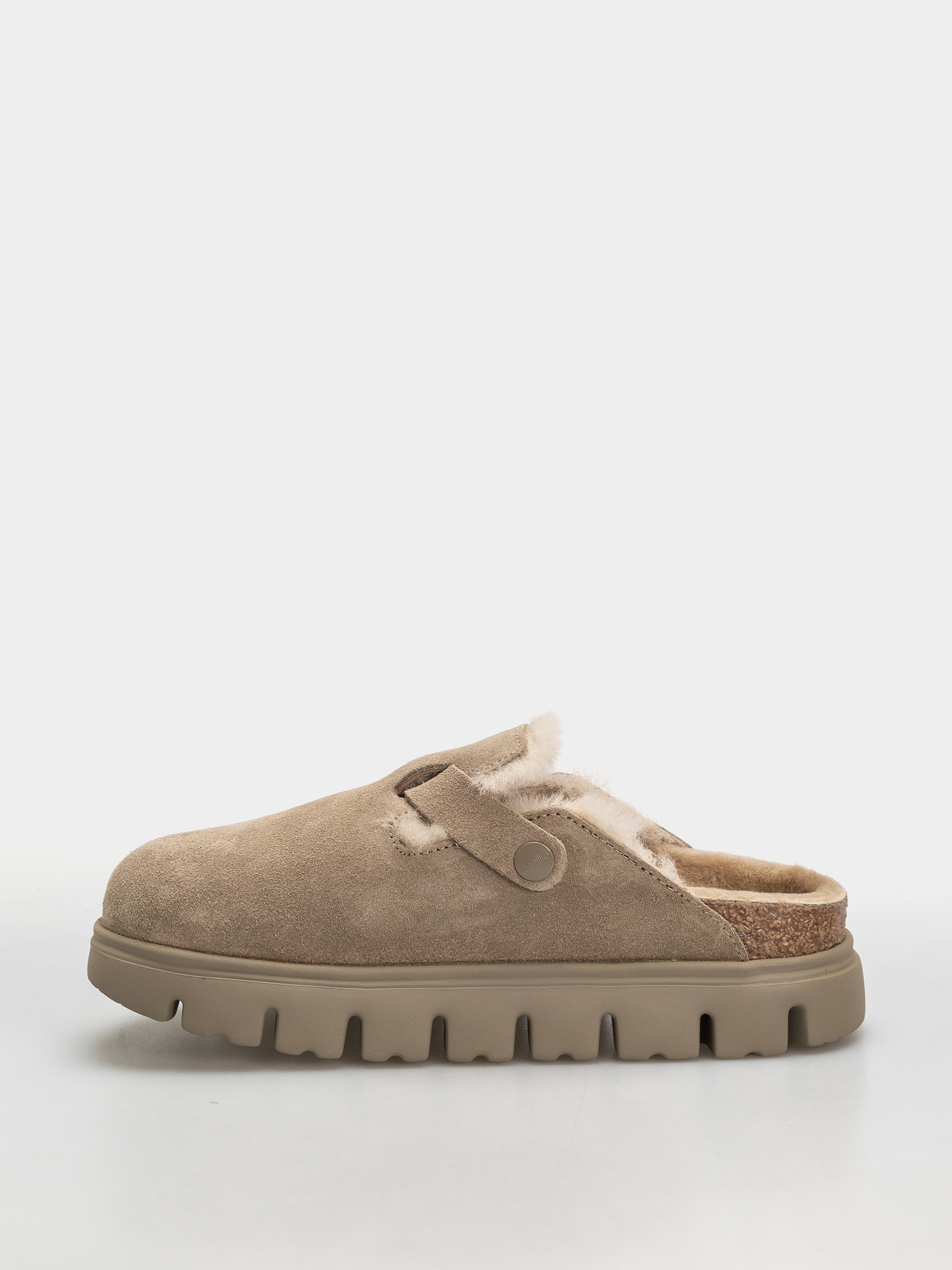 Birkenstock Boston Chunky Shearling Suede Leather Narrow Wmn Flip Flops (taupe)