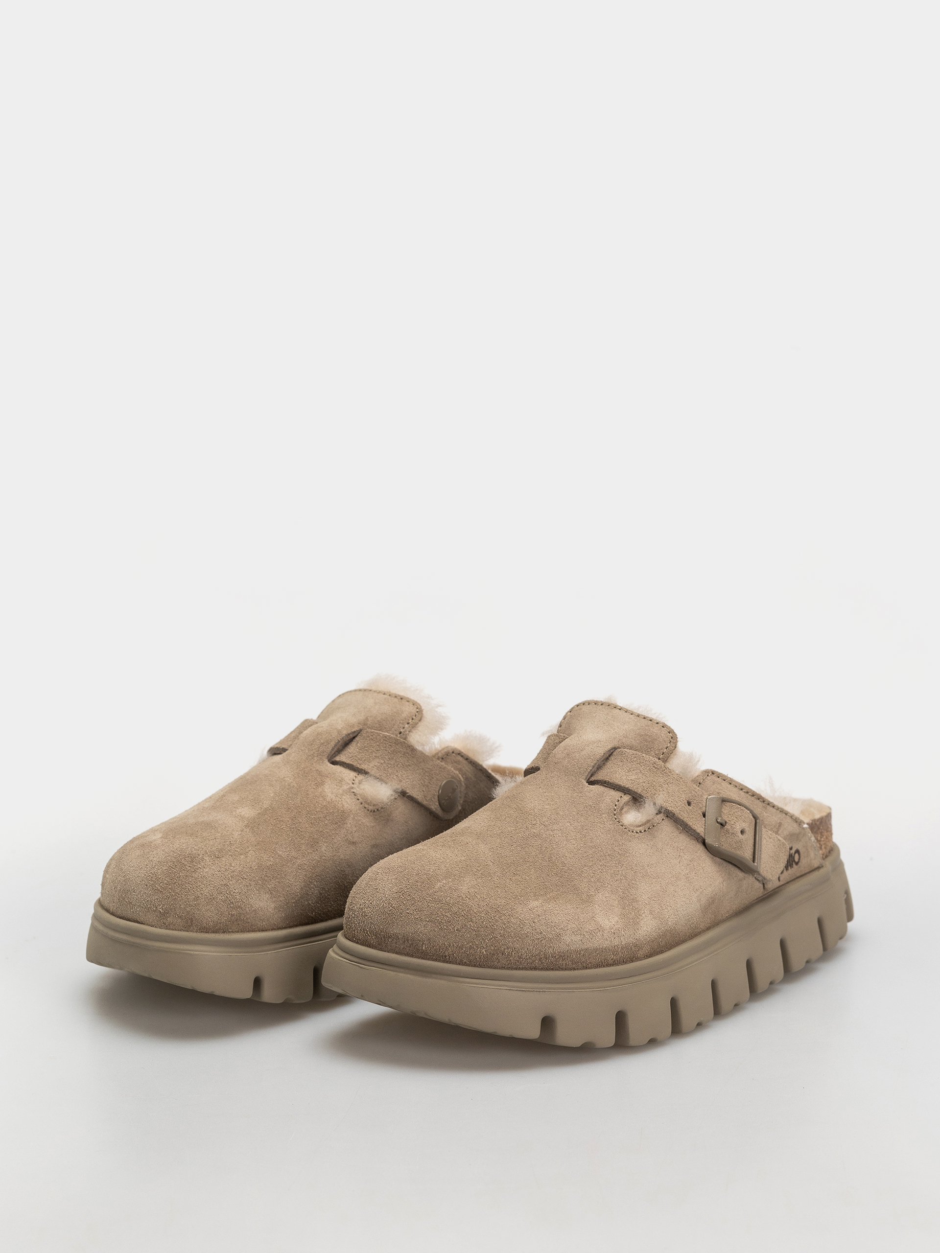 Birkenstock Boston Chunky Shearling Suede Leather Narrow Wmn Flip-flops (taupe)