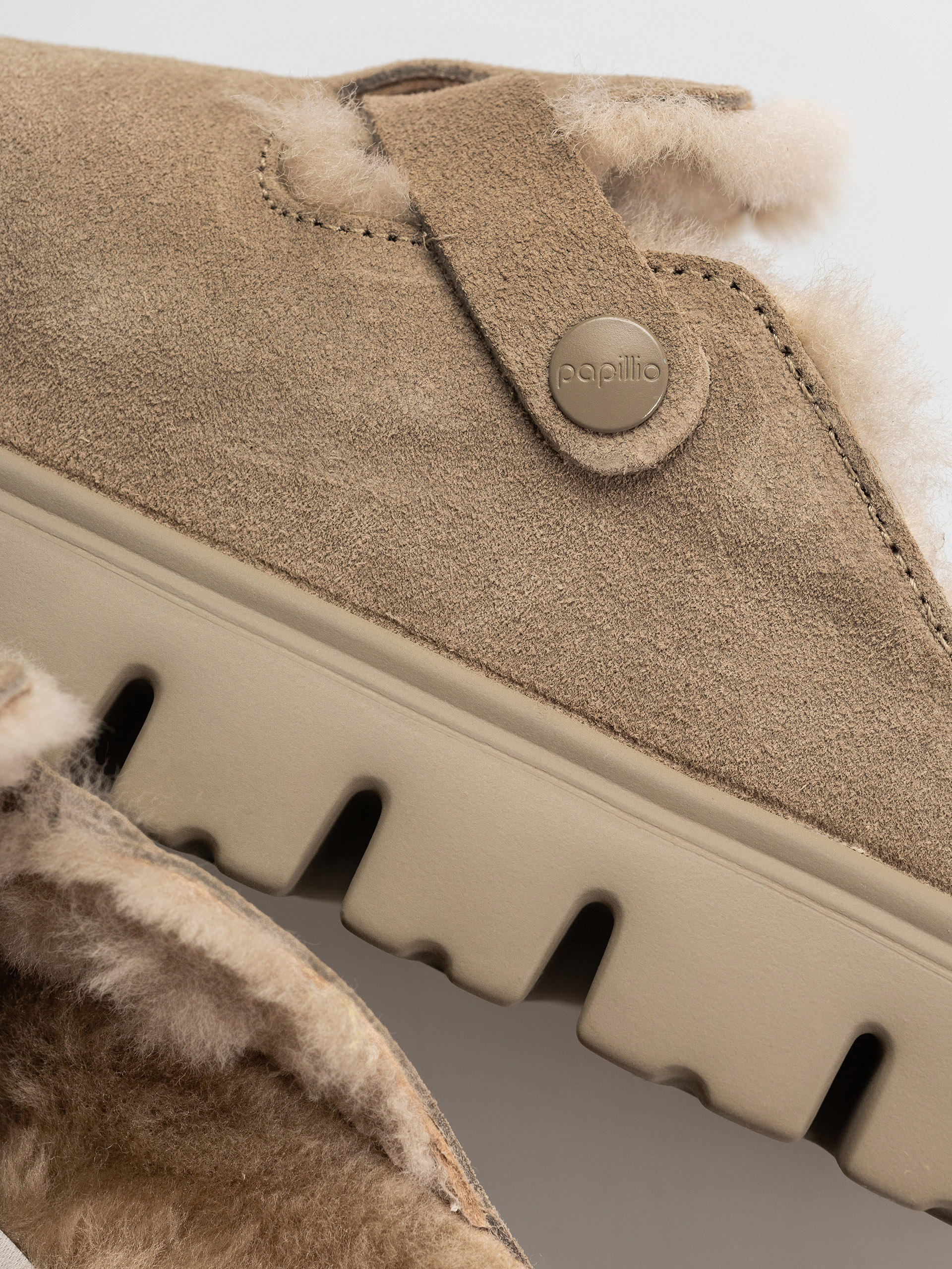 Birkenstock Boston Chunky Shearling Suede Leather Narrow Wmn Flip Flops (taupe)