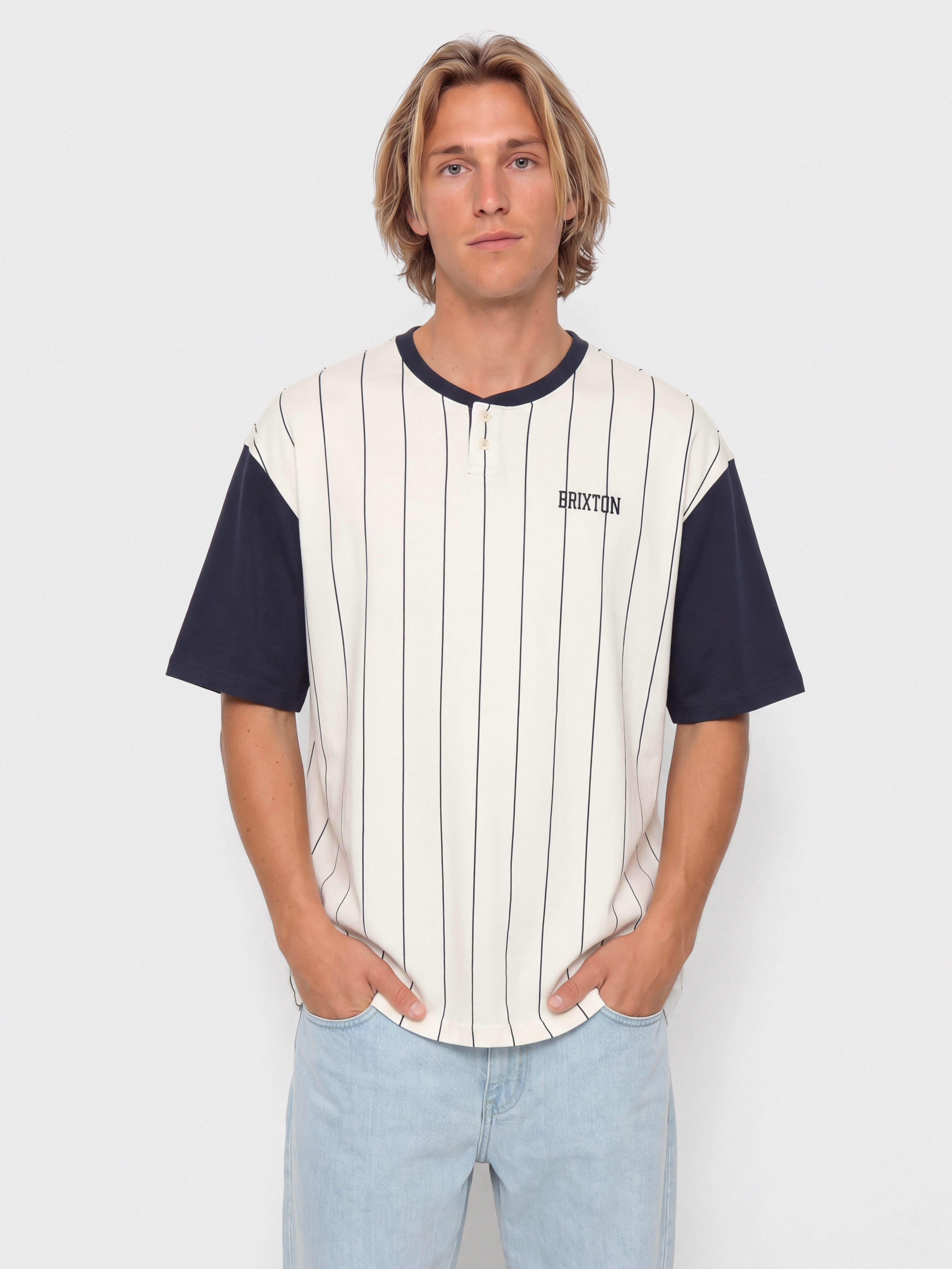 Brixton T-Shirt Boxy Baseball T-shirt (off white stripe/washed navy)