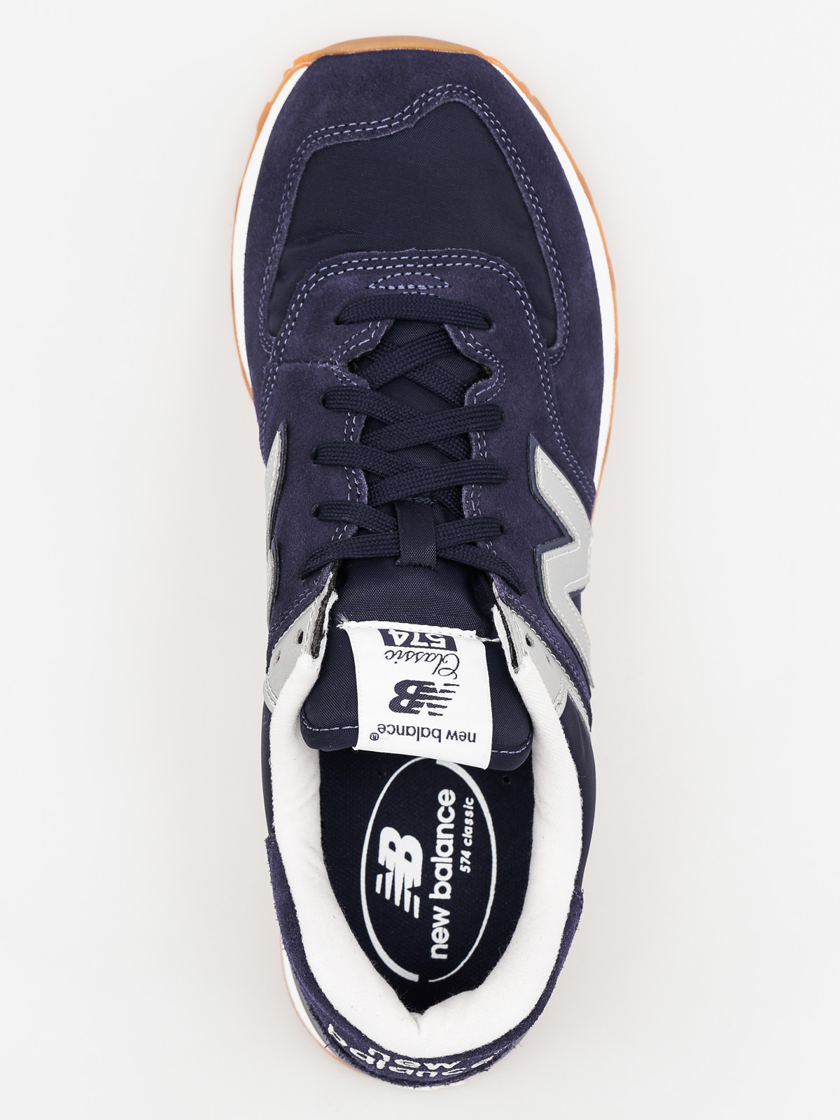 new balance 574 trainer in navy with gum sole