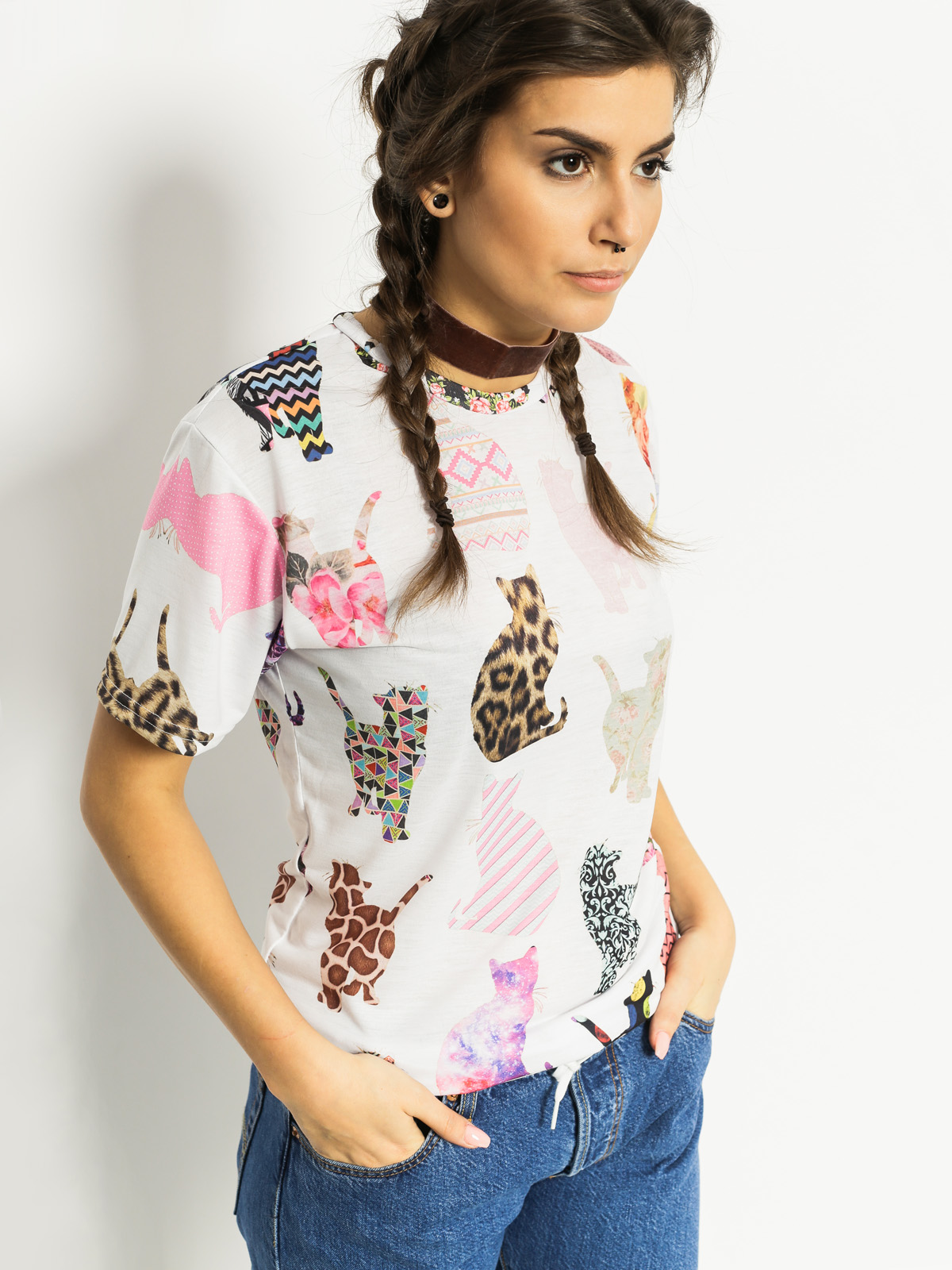 Mr. Gugu T-shirt Comic Cat Pattern Wmn (white/multi)