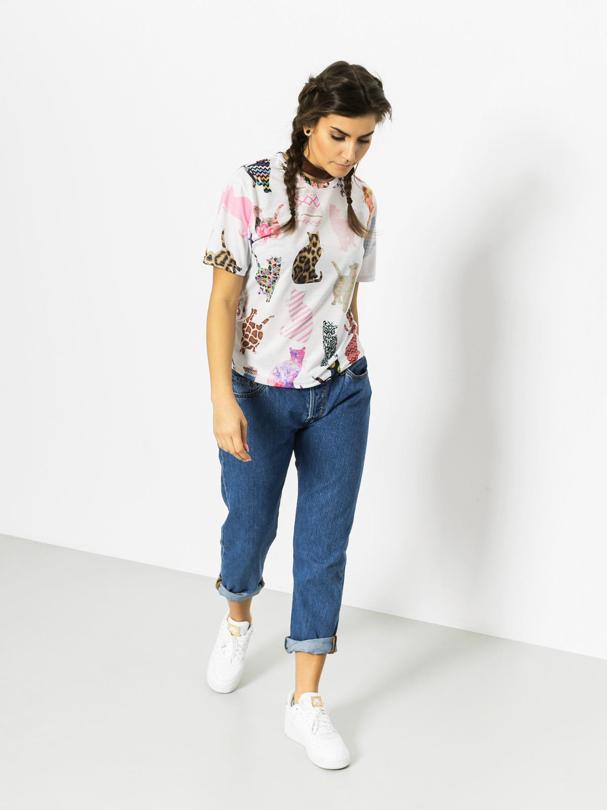 Mr. Gugu T-shirt Comic Cat Pattern Wmn (white/multi)