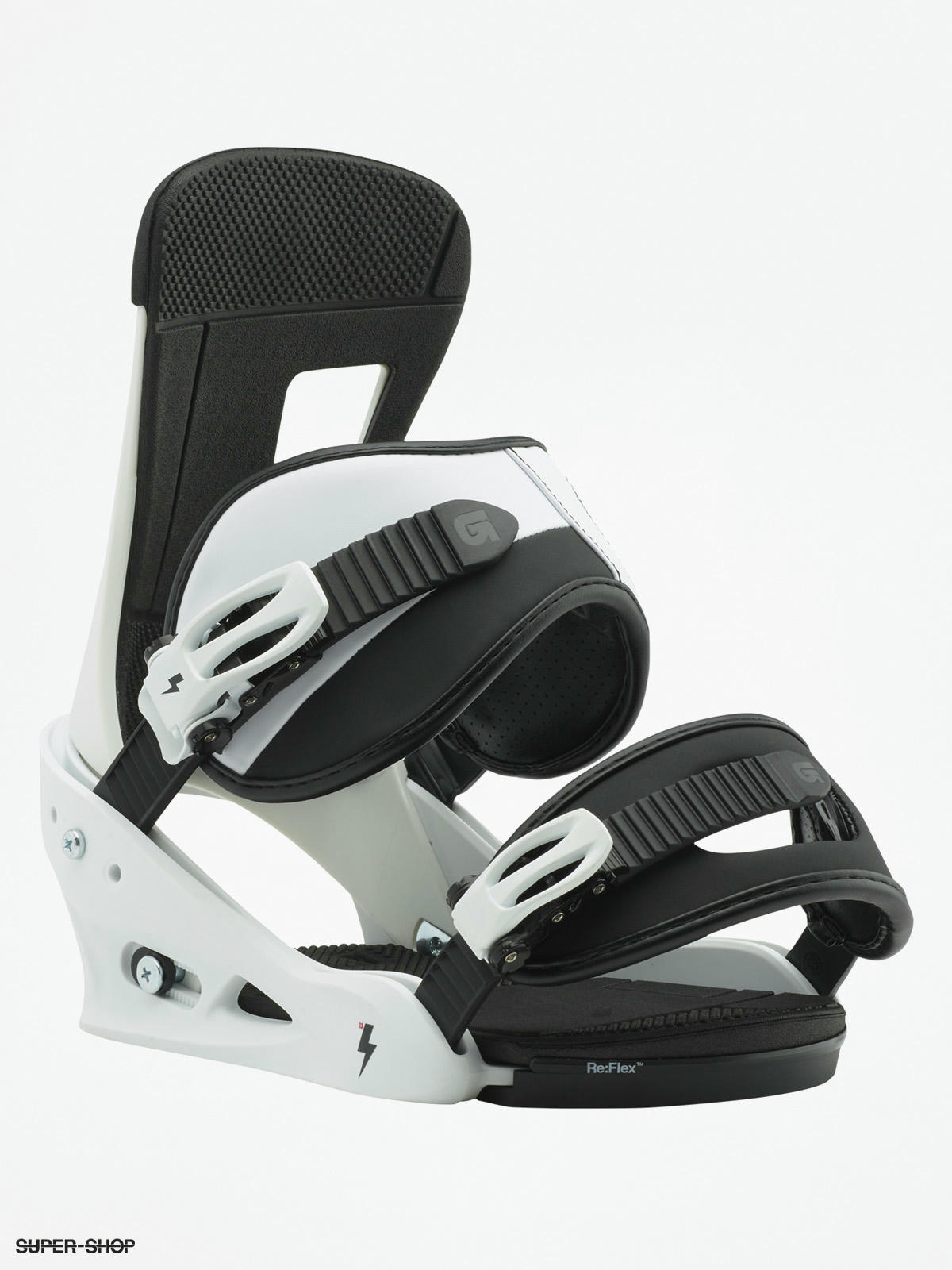 black snowboard white bindings