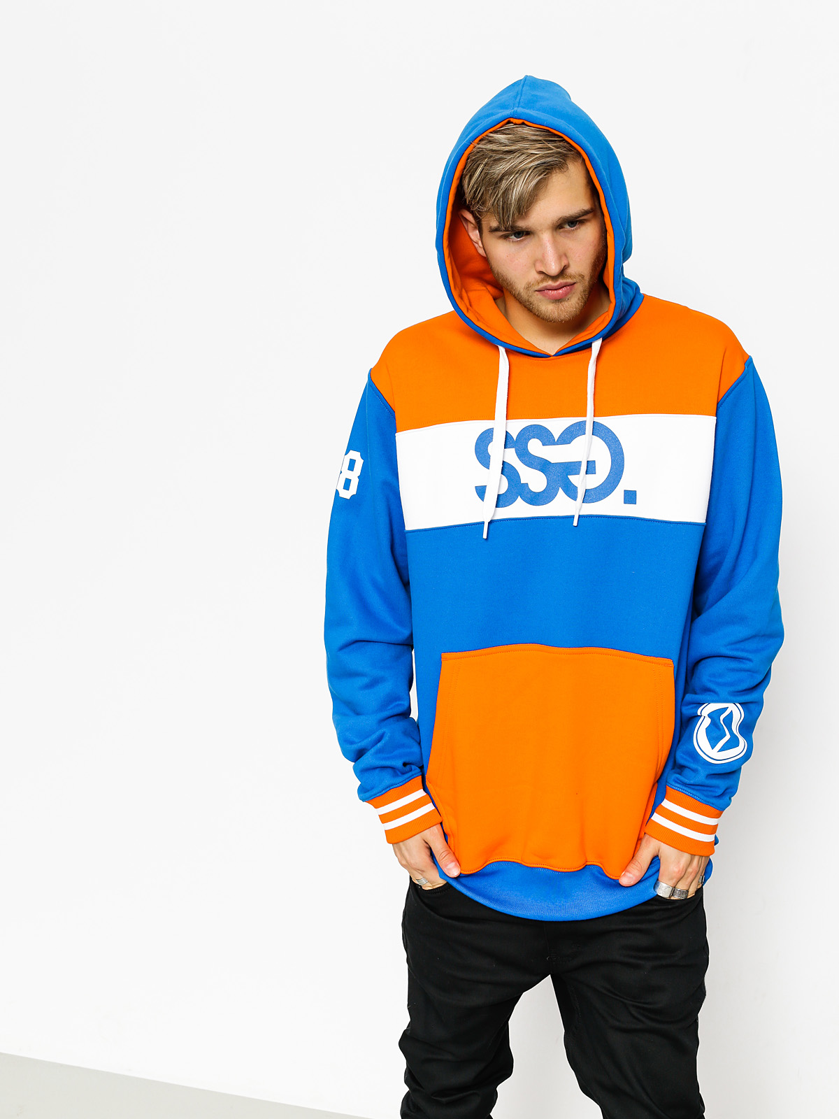 blue and orange sweatshirt