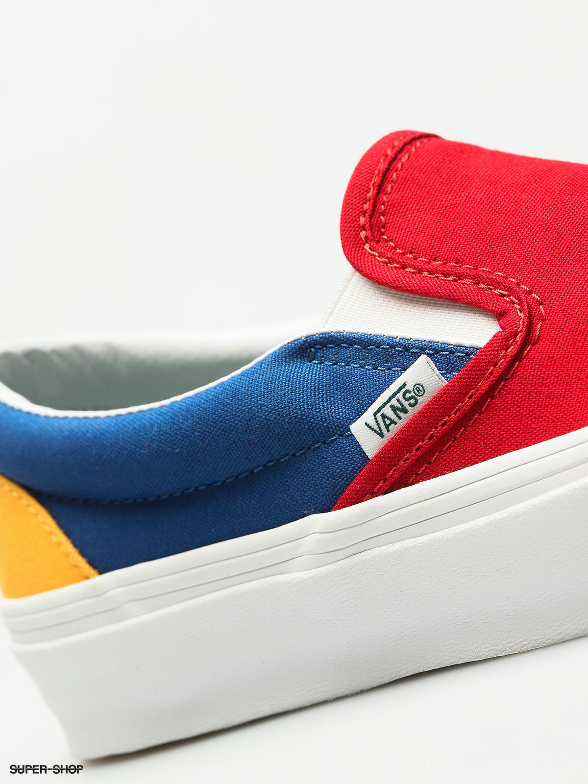 vans slip ons red blue yellow