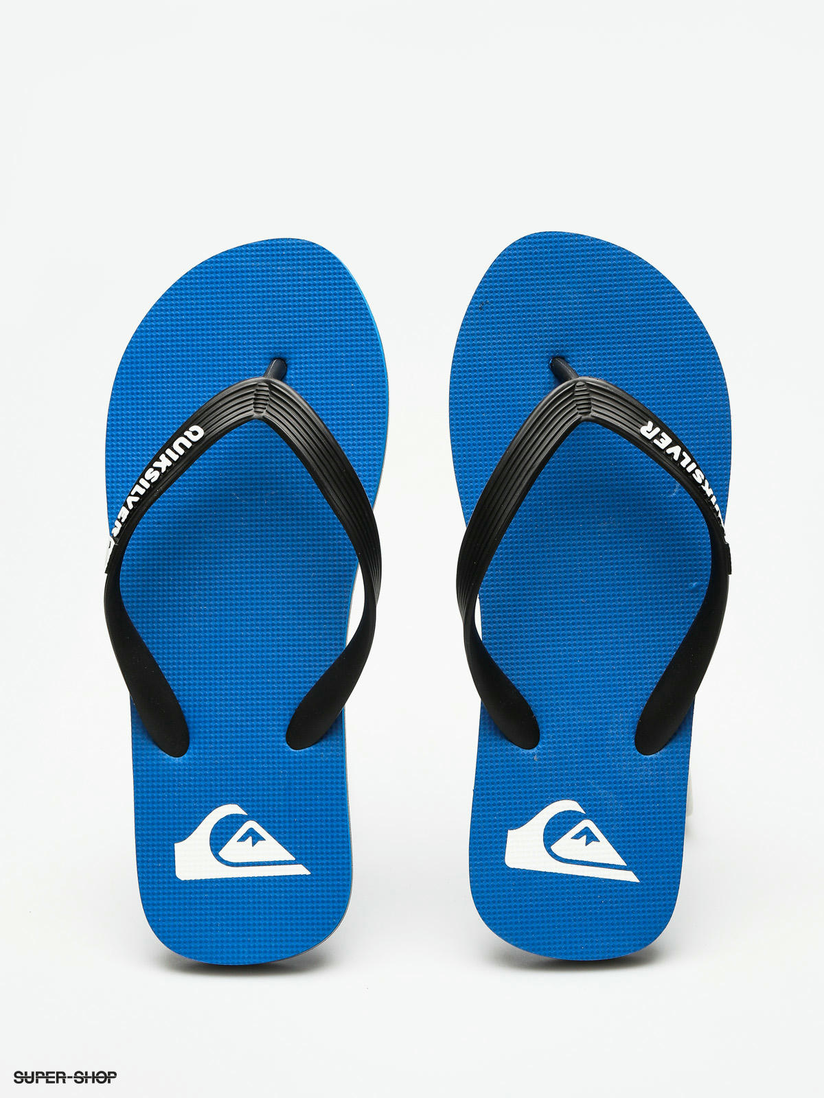 black and blue flip flops