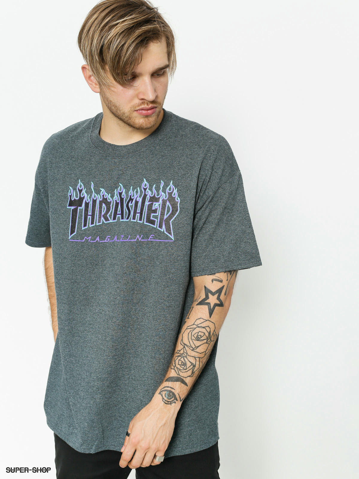 thrasher dark heather flame hoodie